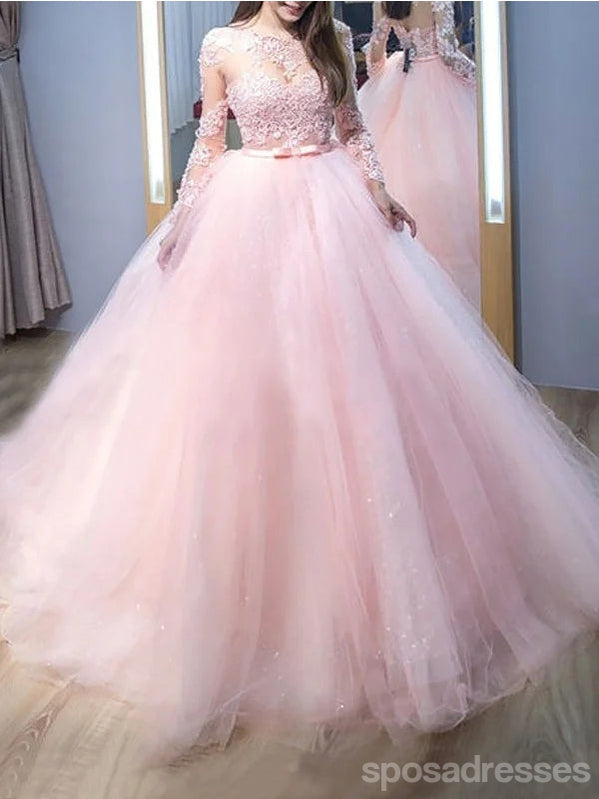 Elegant Pink A-Line Long Sleeve Prom Dress with Jewel Details - Formal Evening Gown for Homecoming, Ball, Wedding & Special Occasions - Style 12829