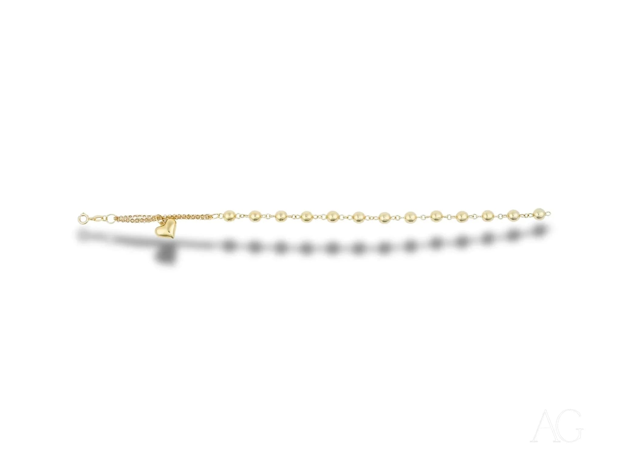 18k Gold Heart Charm Bracelet with Polished Beads - Elegant Jewelry for Women, Perfect for Valentine's Day Gifts & Special Occasions