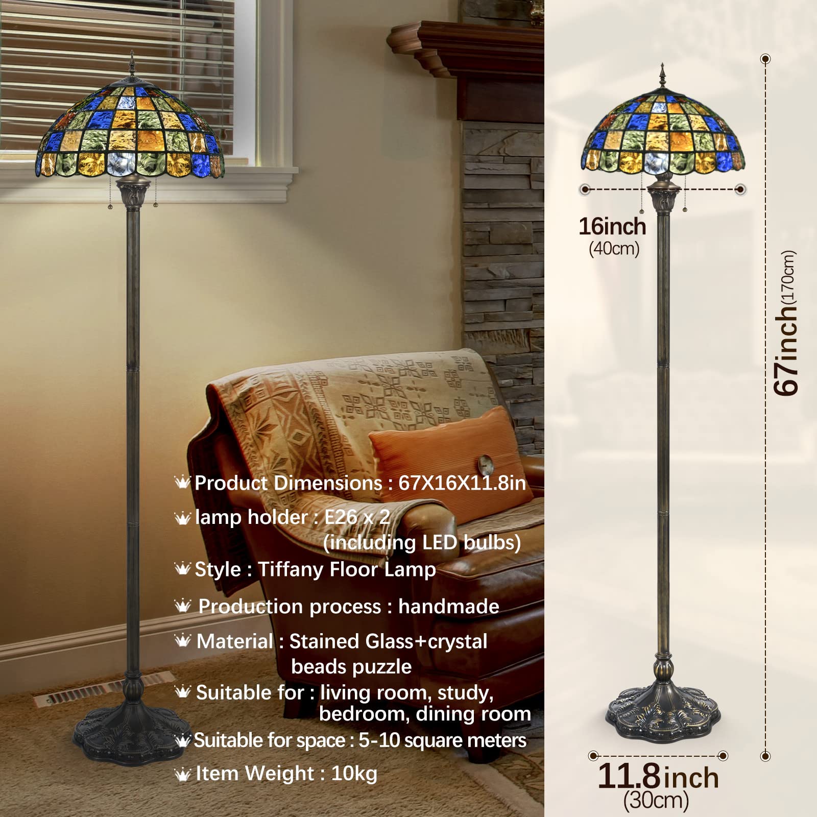 Tiffany Style Crystal Square Stained Glass Floor Lamp - 16x70 Inch Antique Pole Standing Light for Living Room, Study, Office & Reading - Zipper Switch Control - Perfect for Home Decor, Bedroom Lighting and Cozy Reading Nook