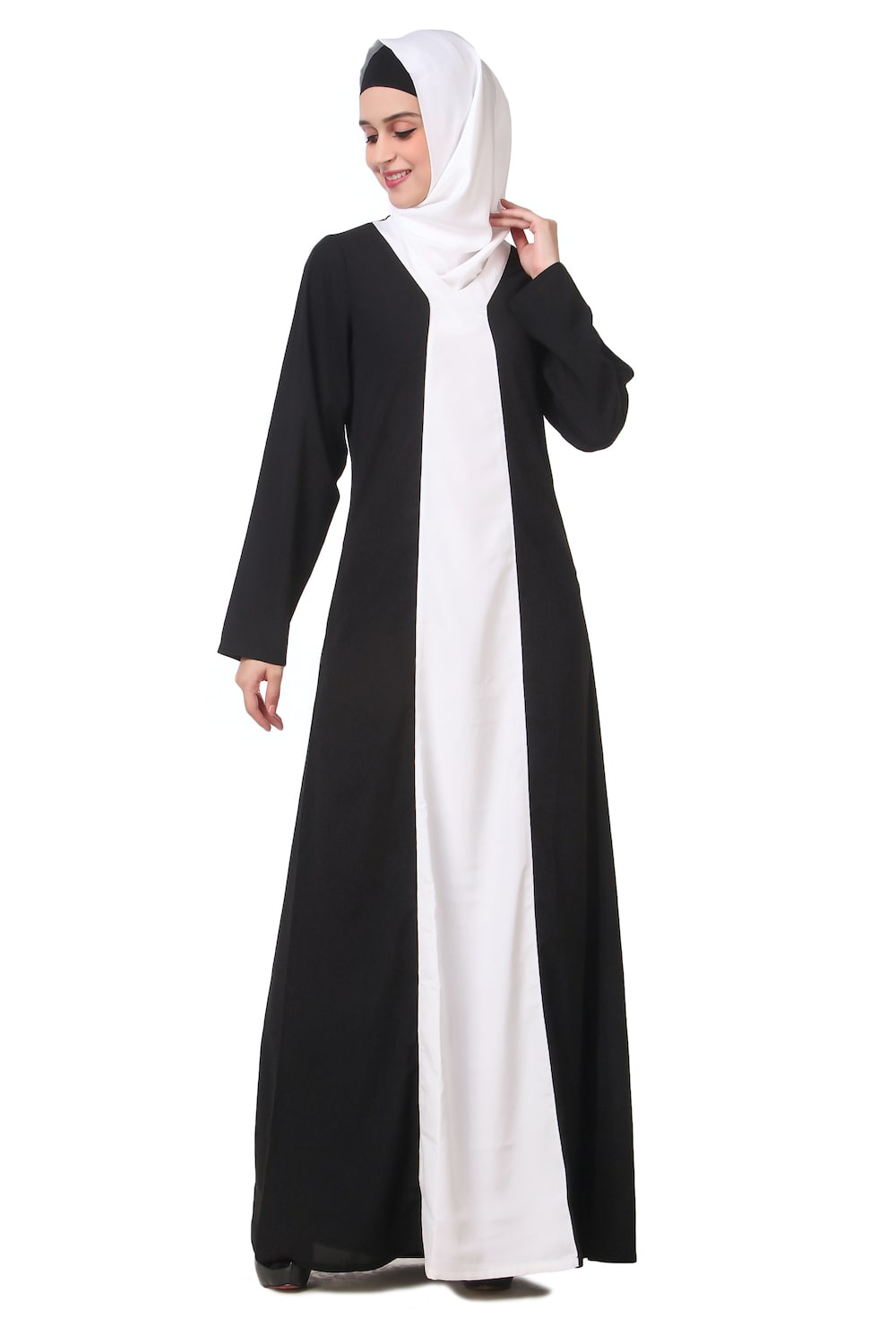 Elegant Black and White Contrast Panel Abaya - Modest Islamic Dress for Women - Perfect for Prayer, Mosque, and Special Occasions