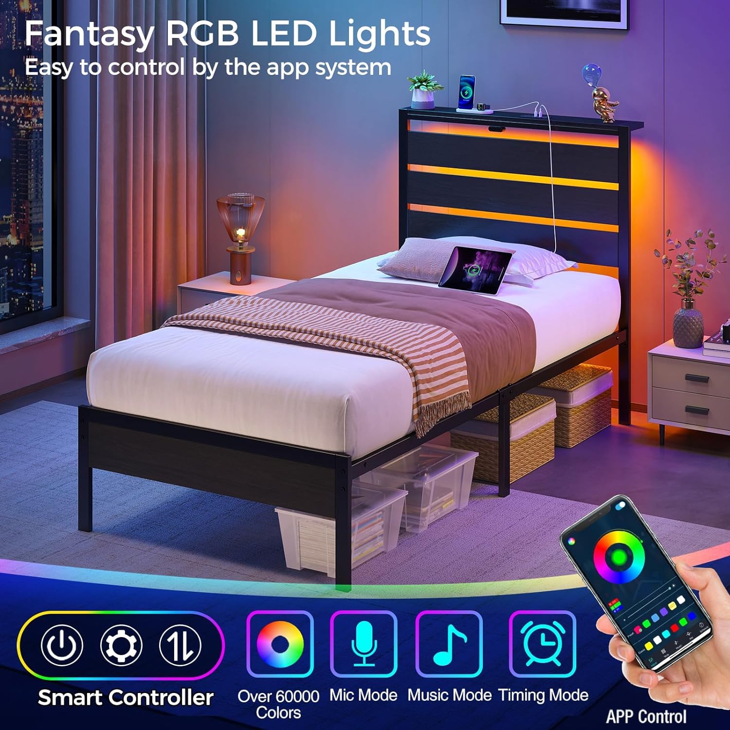 **Rolanstar Twin Size Bed Frame with USB Charging & LED Lights, Wood Storage Headboard, Black Metal Platform Bed - Under Bed Storage, No Box Spring Needed, Noise-Free - Perfect for Small Bedrooms, Dorms & Guest Rooms**