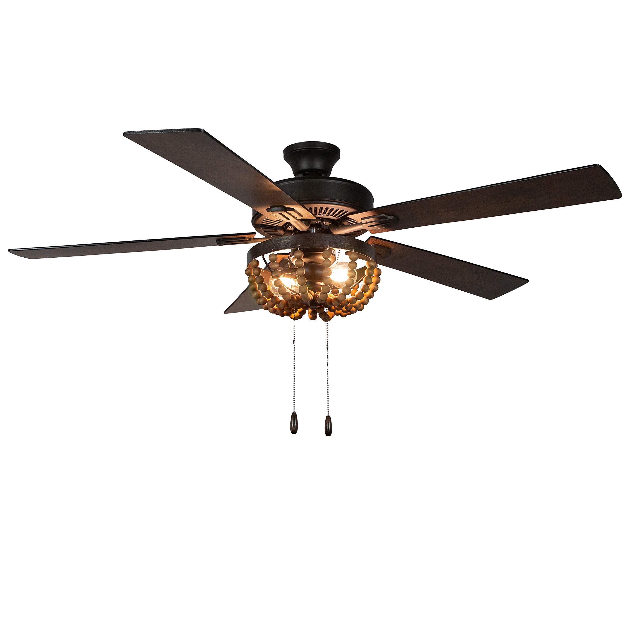 52 Inch Coastal Wooden Bead LED Ceiling Fan with Remote Control - Rustic Brown Finish for Bedroom, Living Room & Porch Cooling & Decor