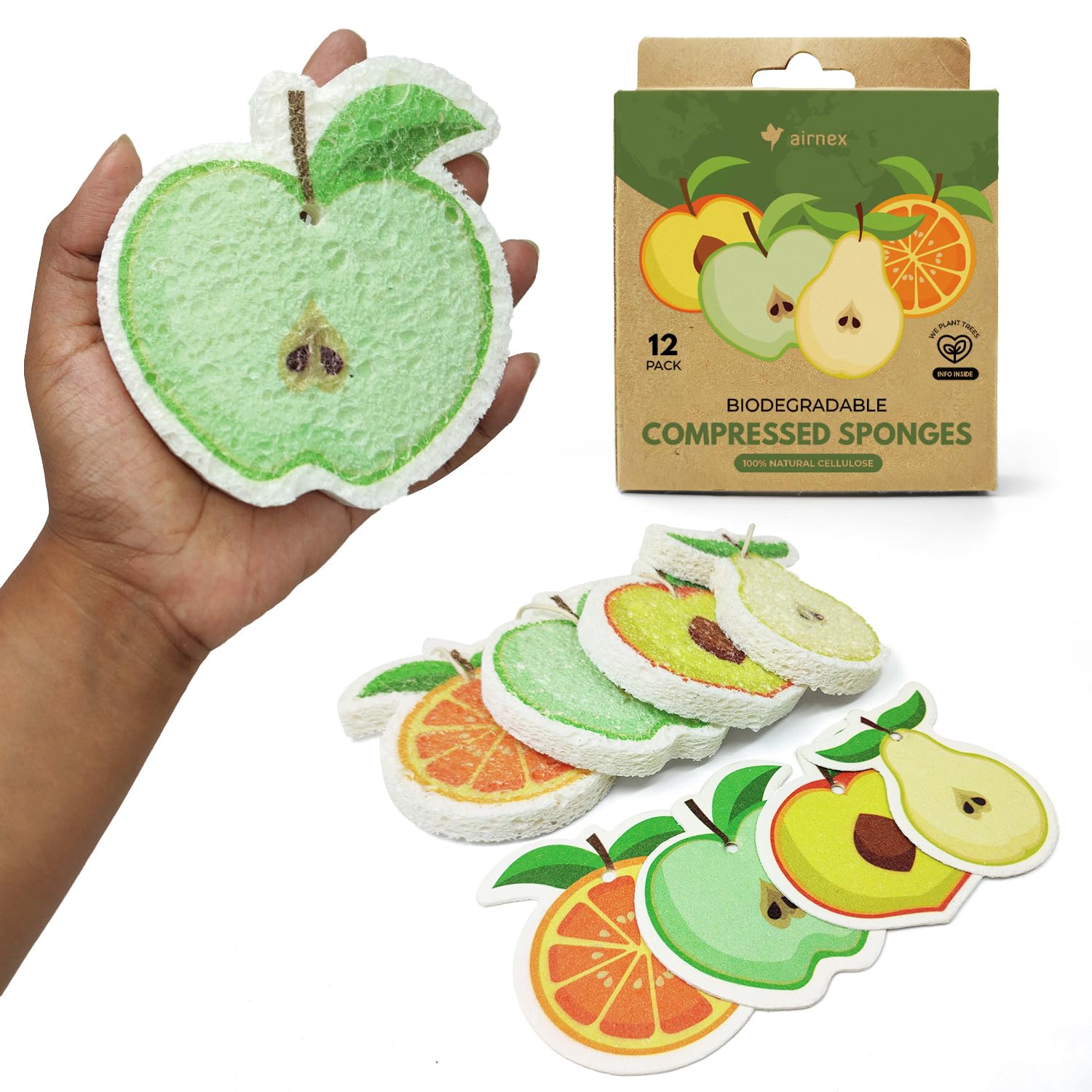Eco-Friendly Biodegradable Cellulose Kitchen Sponges - Pack of 12 Fruit-Shaped Compressed Sponges | Odor-Free, Compostable Dish Sponges for Washing Dishes | Perfect for Sustainable Cleaning, Camping & RV Use
