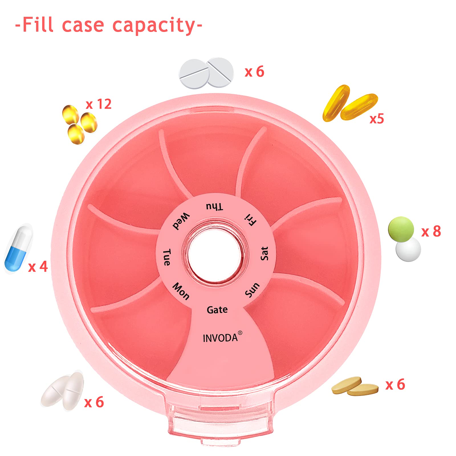 Portable Weekly Pill Organizer - Cute Round Travel Pill Case with Purse & Bag - Small Medicine Container for Daily Use, Travel, and On-the-Go (Pink) - Perfect for Home, Office, Gym, and Vacation