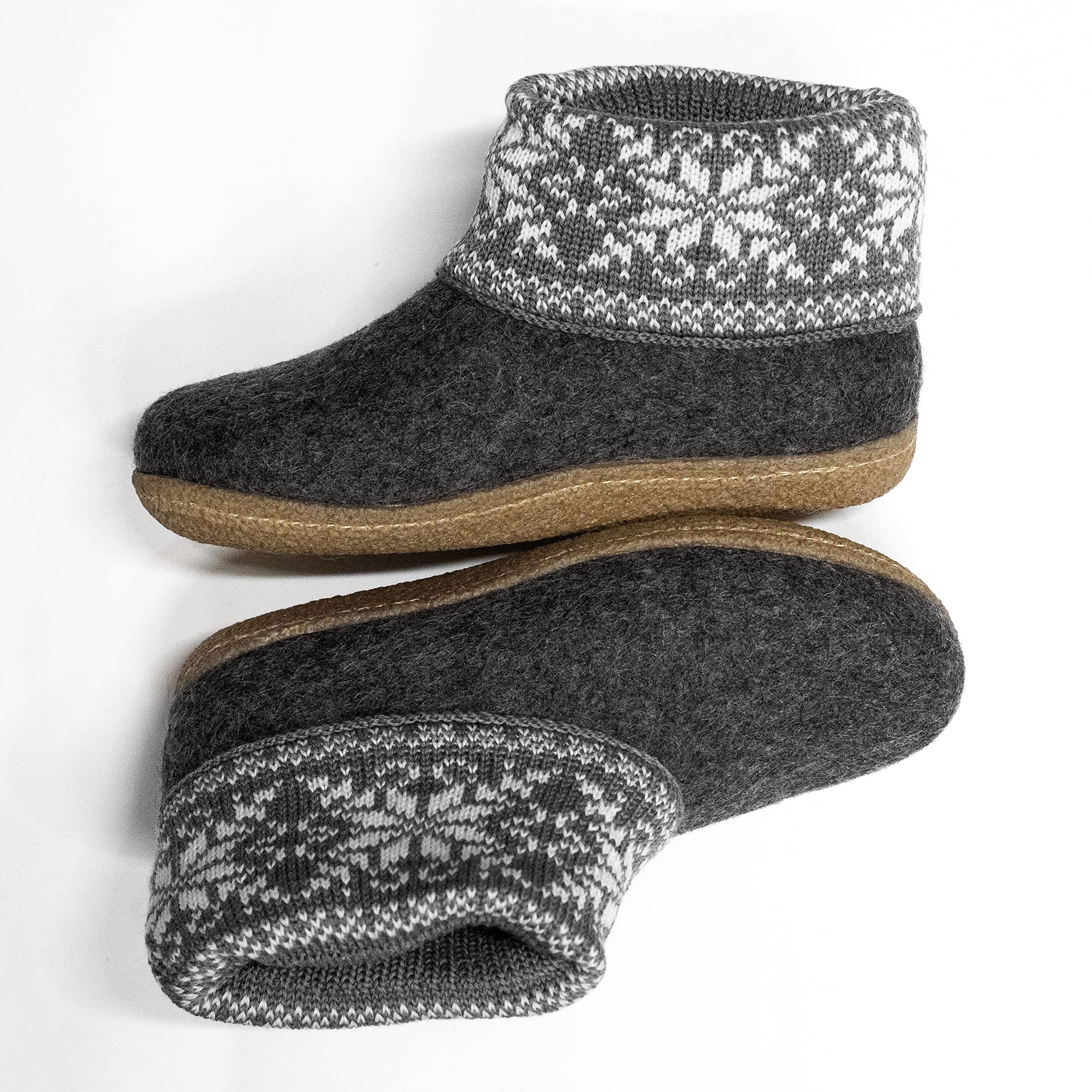 Women's Handmade Warm Wool Boot Slippers with Scandinavian Knit Collar - Cozy Indoor/Outdoor House Shoes with Rubber or Leather Outsole for Winter Comfort & Nordic Style