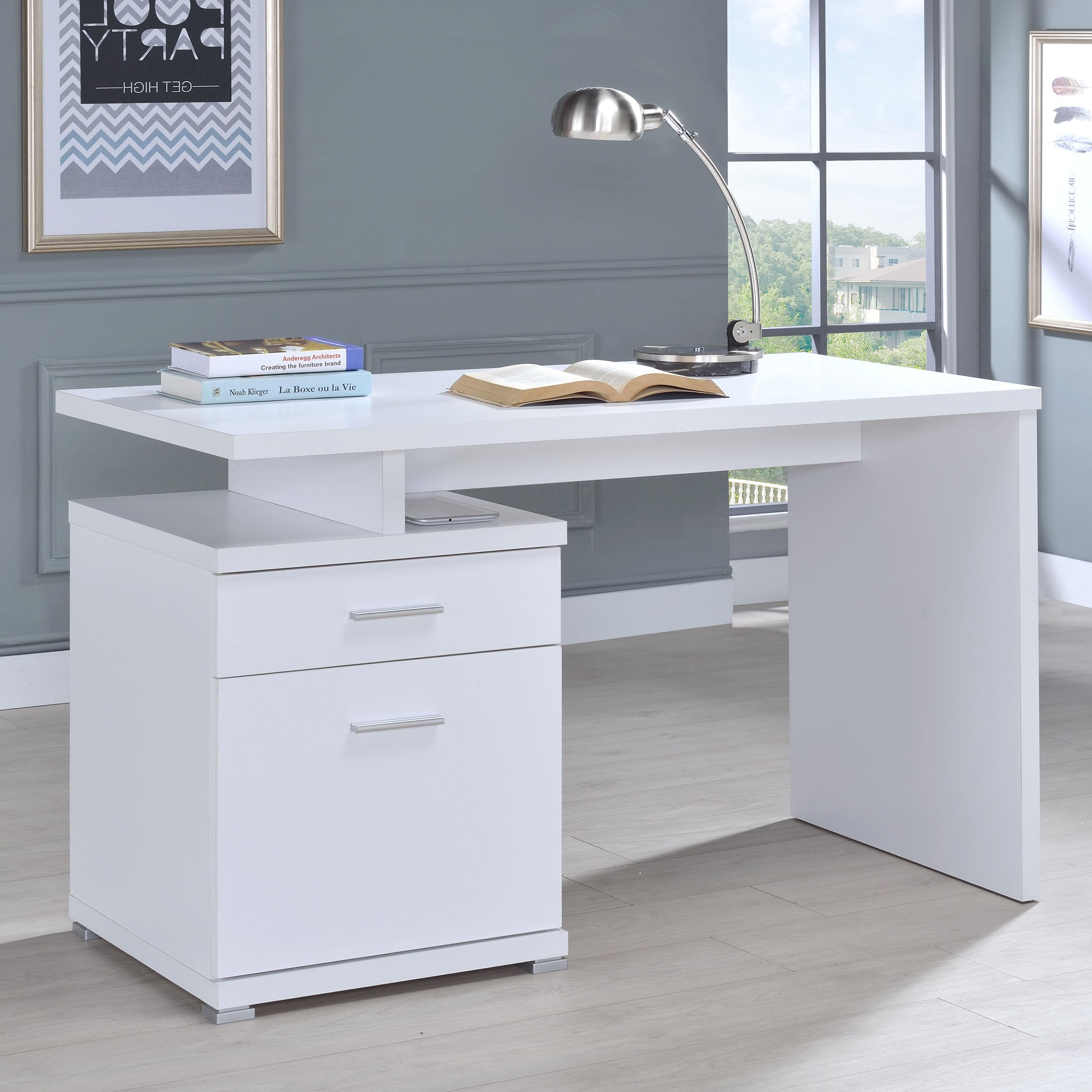 White Coaster Furniture Office Desk with Cabinet - Modern Home & Office Workstation for Study, Work, and Storage
