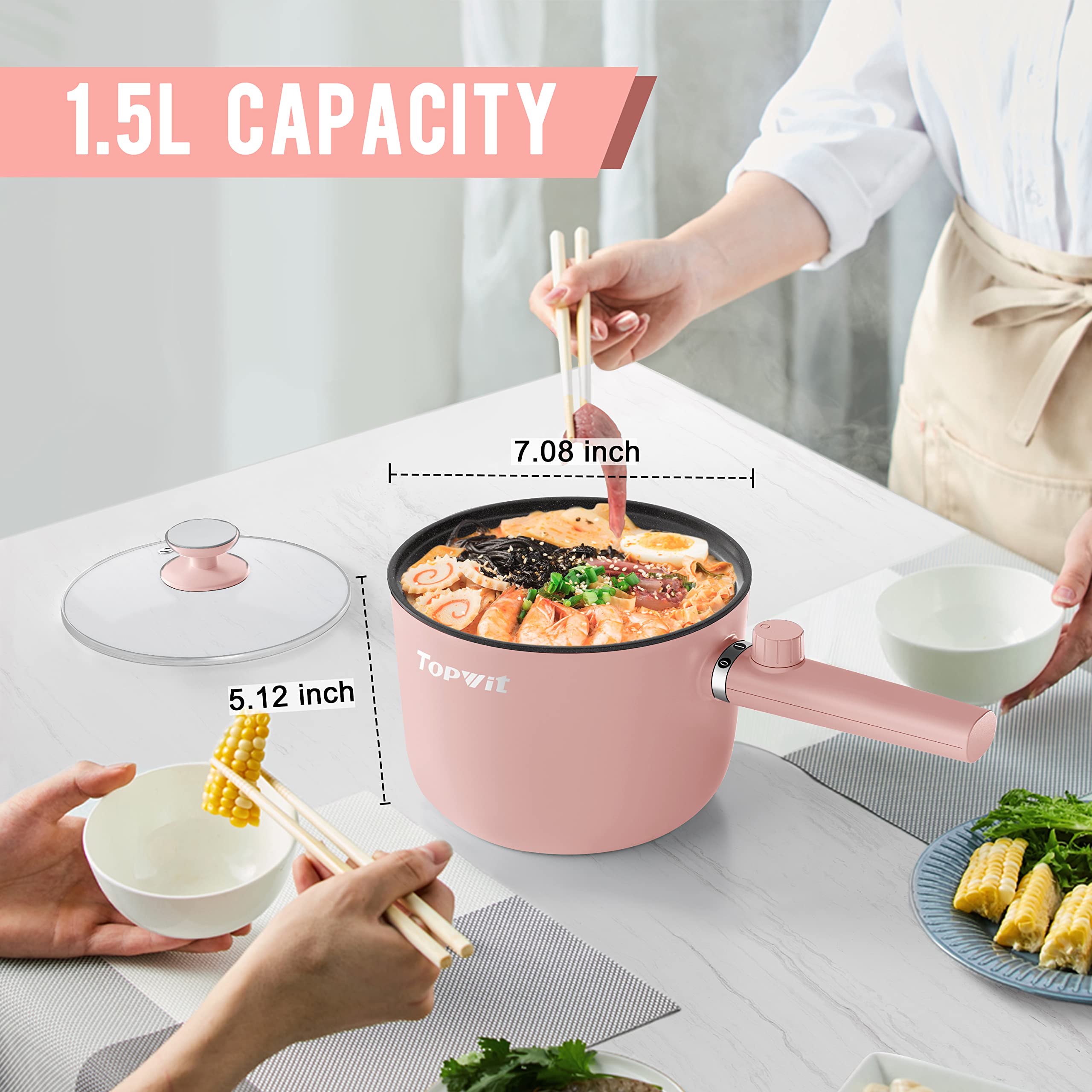 Topwit 1.5L Electric Hot Pot & Ramen Cooker - Portable Non-Stick Frying Pan for Pasta, Steak & More - BPA Free with Dual Power Control & Overheat Protection - Perfect for Dorm, Office & Small Kitchen Cooking (Pink)
