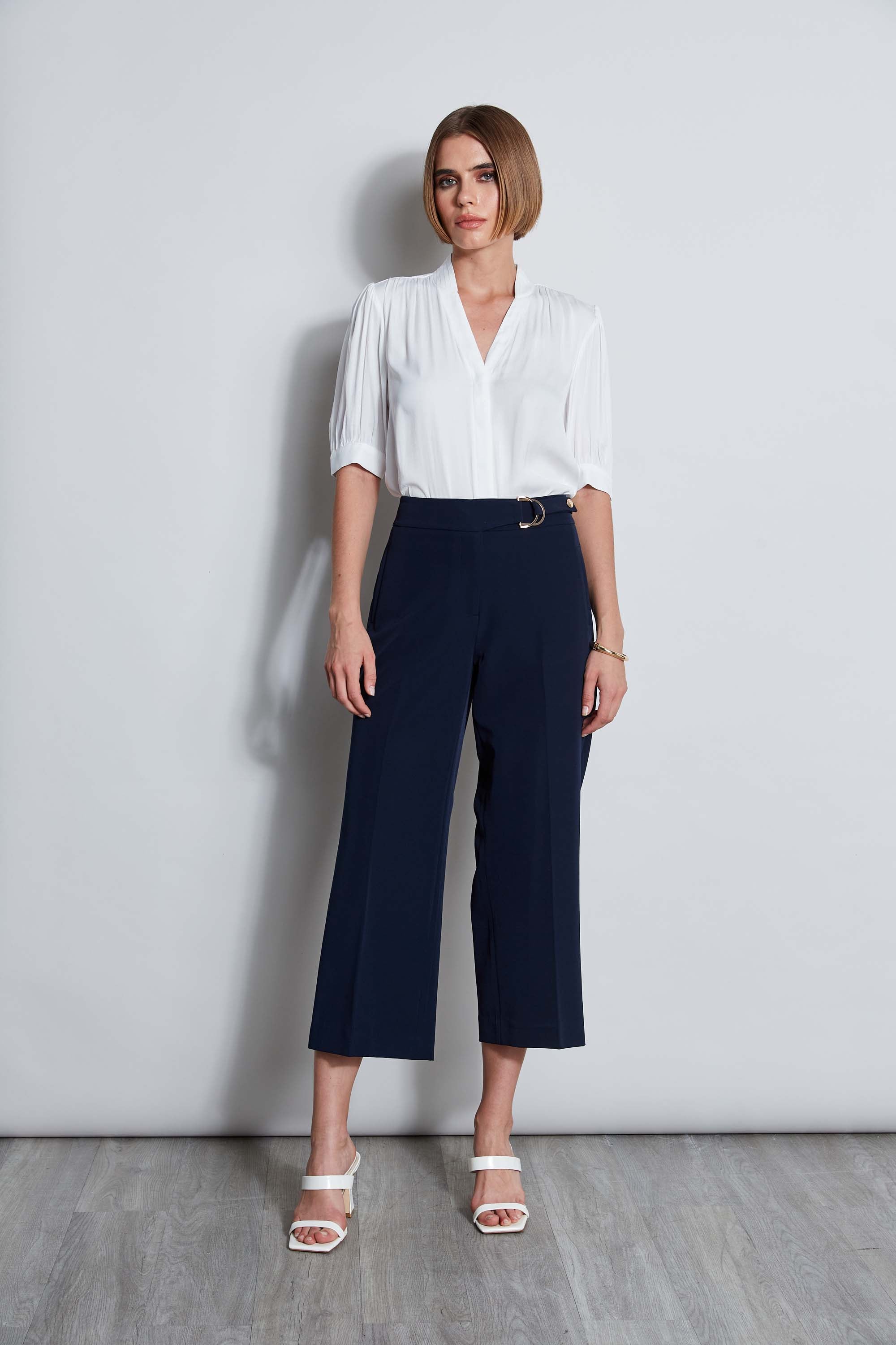 Tahari Women's Short Sleeve Pleated Neck Blouse - Elegant Office Wear & Casual Summer Top for Work & Weekend Outings
