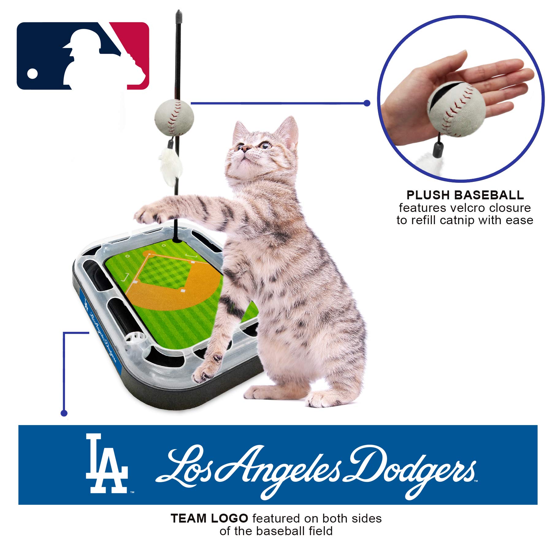 MLB Los Angeles Dodgers Baseball Field Cat Scratching Toy with Interactive Ball Bell & Catnip Plush - 5-in-1 Interactive Cat Toy with Wand, Feathers & Tracks - Perfect for Playtime & Scratching Needs