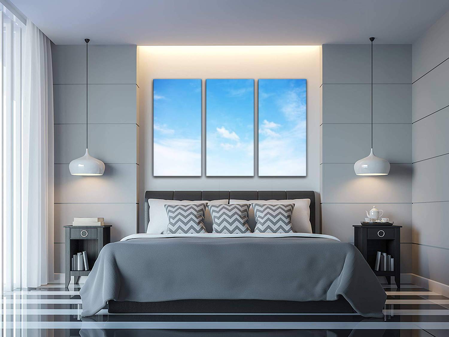 Blue Sky and White Clouds Soft Focus Canvas Wall Art - 3 Panel Landscape Paintings for Living Room & Bedroom Decor - Nature Inspired Home Wall Decor Posters | Perfect for Zen Spaces, Office Relaxation & Nursery Wall Decoration