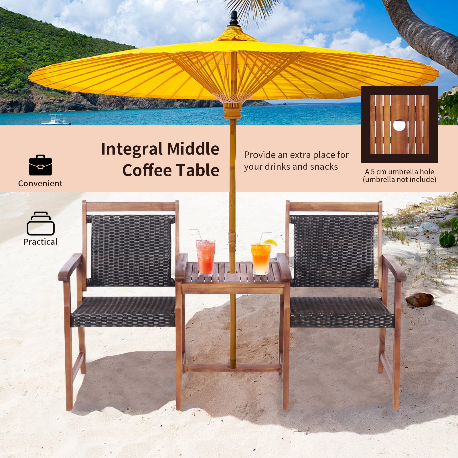 **Tangkula Acacia Wood Garden Bench Set - 2-Seater Patio Loveseat with Rattan Design, Coffee Table & Parasol Hole - Outdoor Conversation Furniture for Backyard, Poolside, Balcony, Deck (Brown) | Perfect for Relaxing, Entertaining & Enjoying Nature**