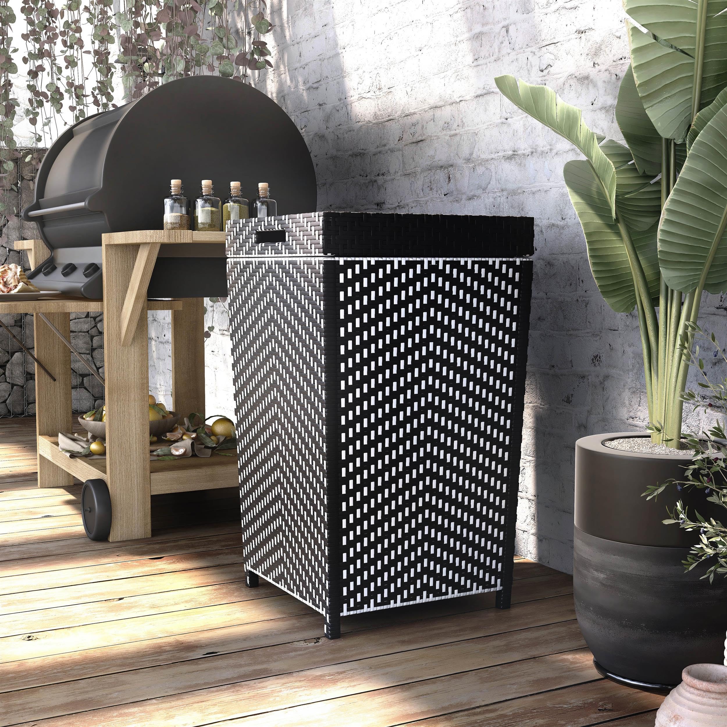 Furniture of America Azur Outdoor Trash Can - Black Aluminum & Wicker Waste Bin for Patio, Garden, and Poolside Use