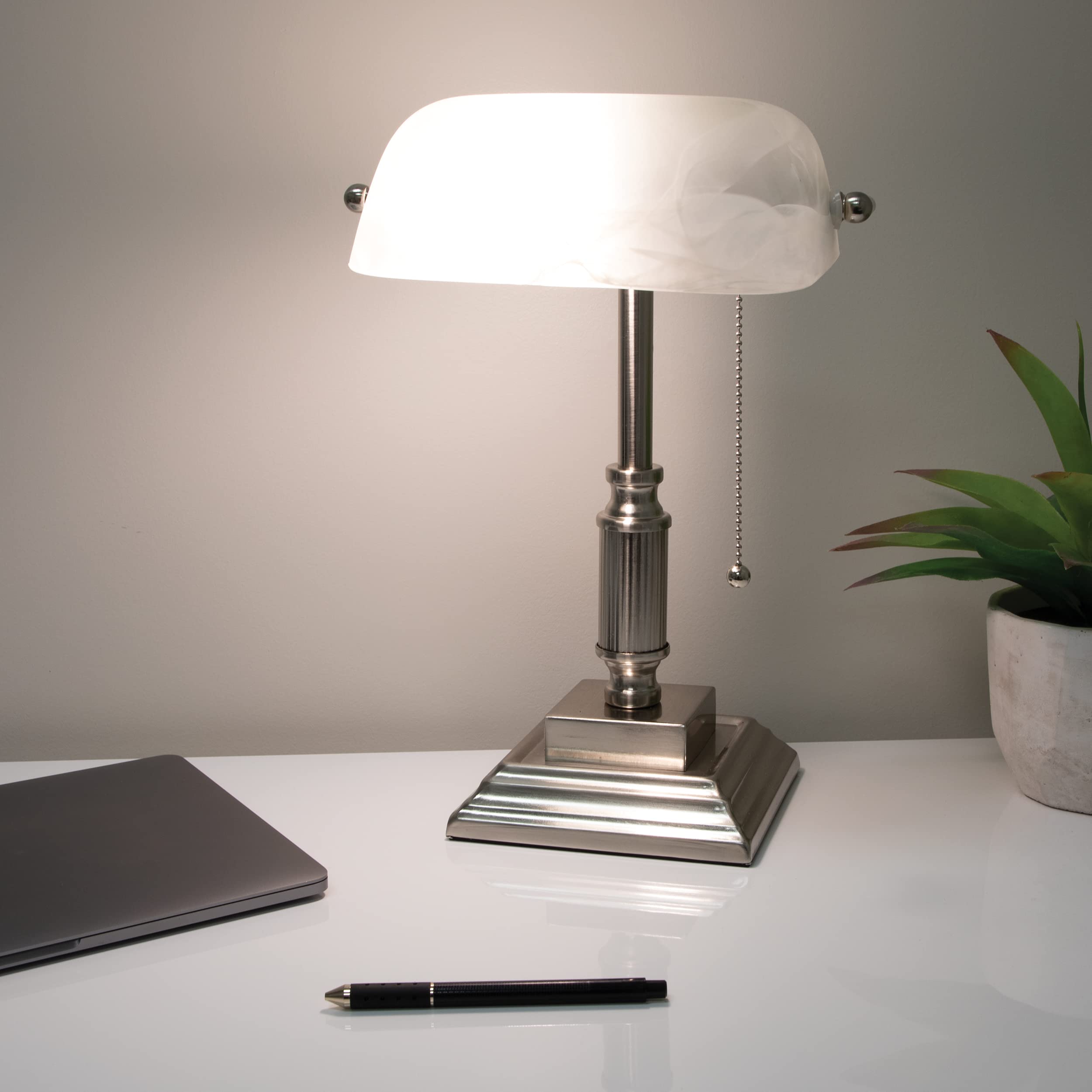 Vintage LED Desk Lamp - White Shade Study & Reading Light with Brushed Nickel Finish 6.5