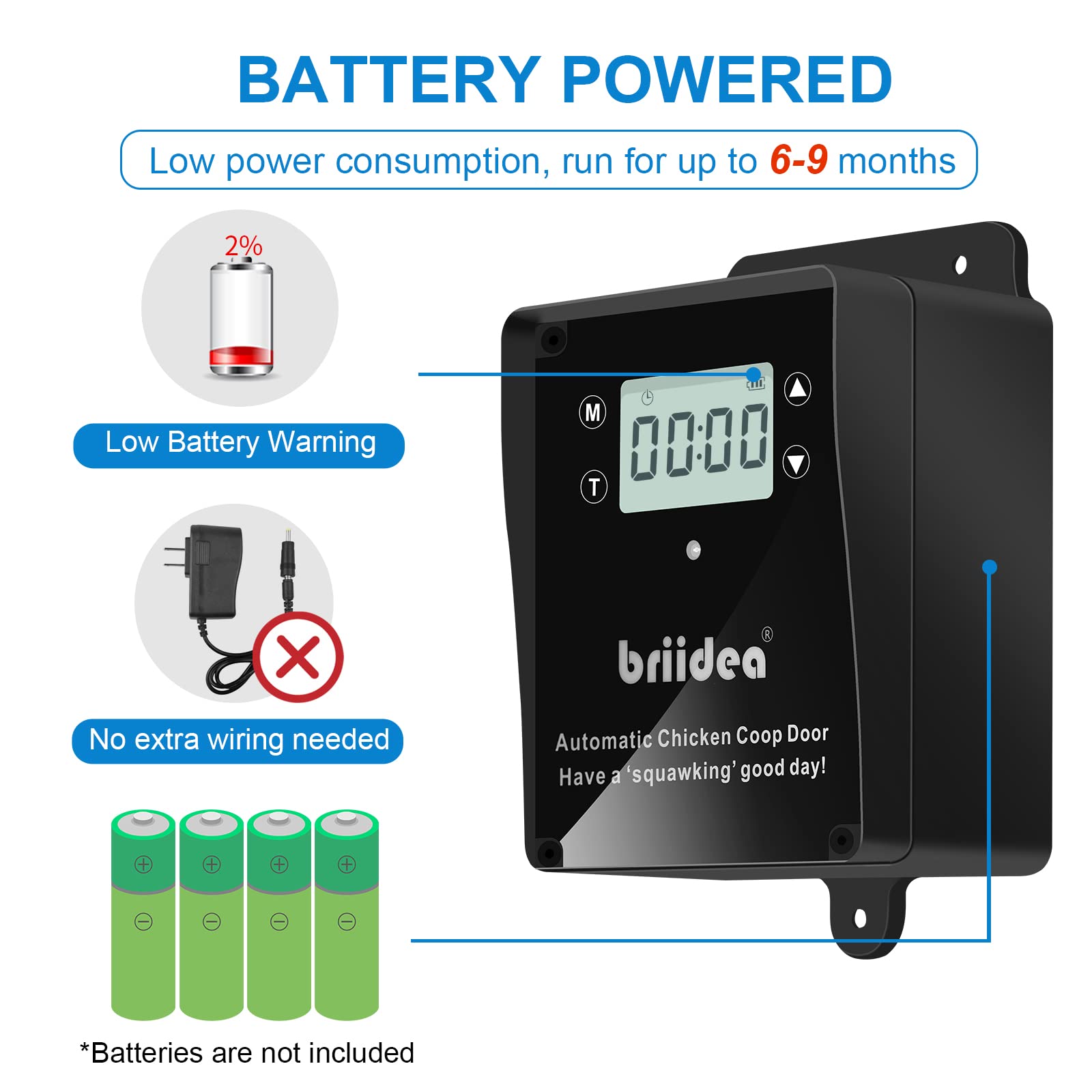 Briidea Automatic Chicken Coop Door - Waterproof Electric Auto Chicken Door Kit with Timer & Light Sensor, Battery Powered for Poultry Farm, Backyard Chicken Coops & DIY Chicken Houses