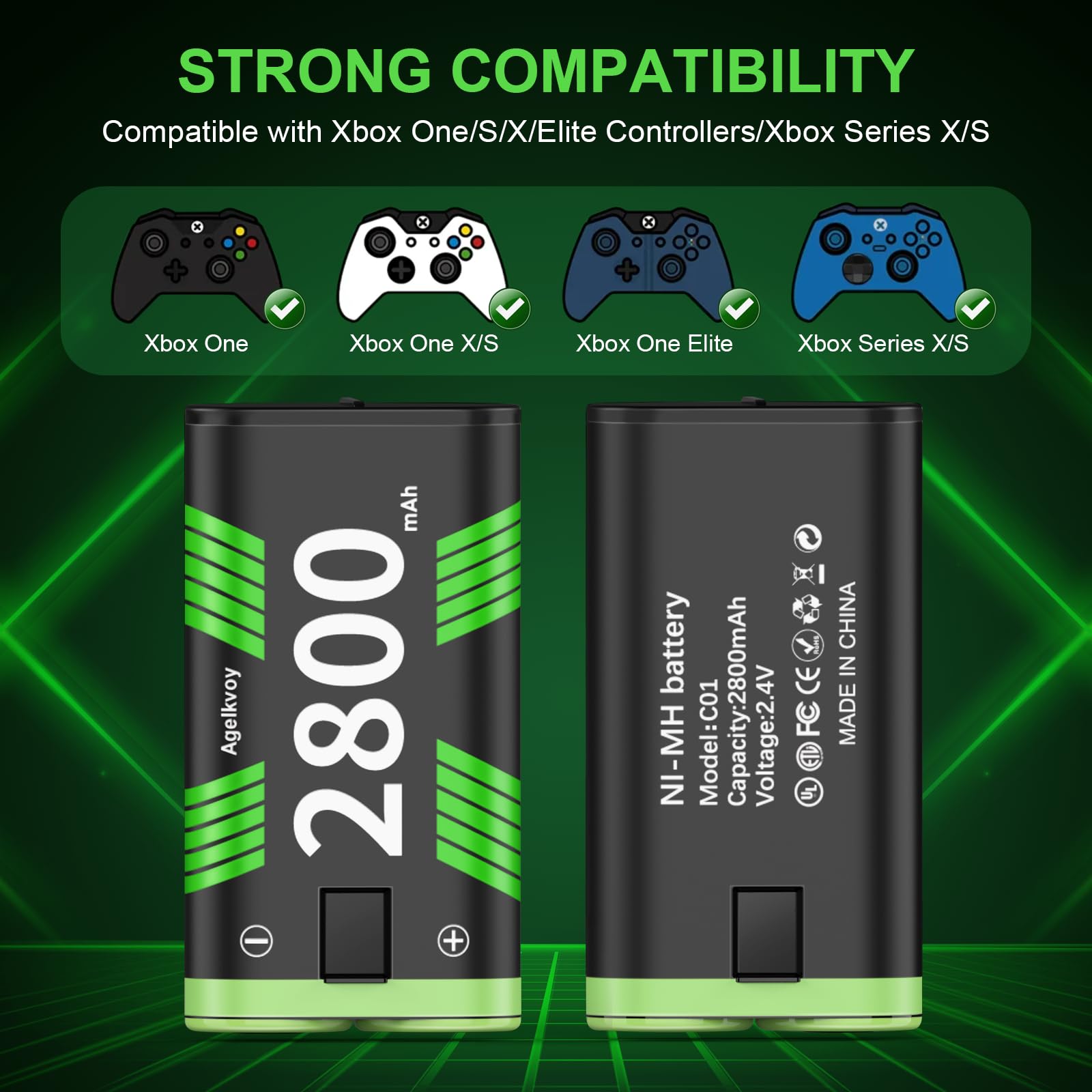 Xbox One Rechargeable Battery Pack - 4 x 2800mAh High Capacity Battery with Fast Charging Station | Lasts Up to 48 Hours | Compatible with Xbox Series X/S, Xbox One, Elite Controllers | Perfect for Gaming Marathons & Wireless Play