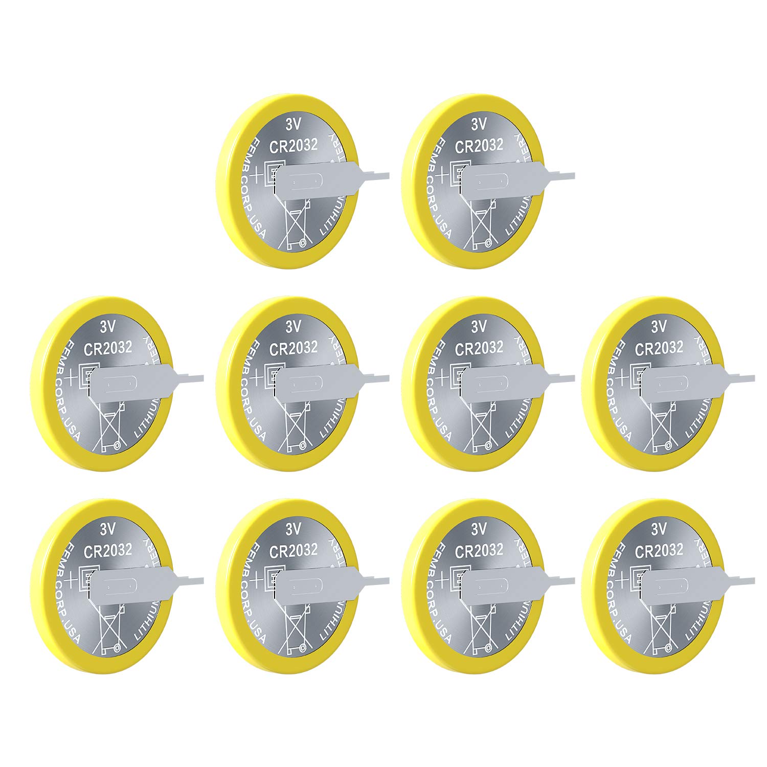 EEMB 10 Pack CR2032 Tabbed Batteries 3V Lithium Coin Cell - Replacement Battery for Gameboy Save, Key Fobs, Calculators & Medical Devices - Solder Tabs Included