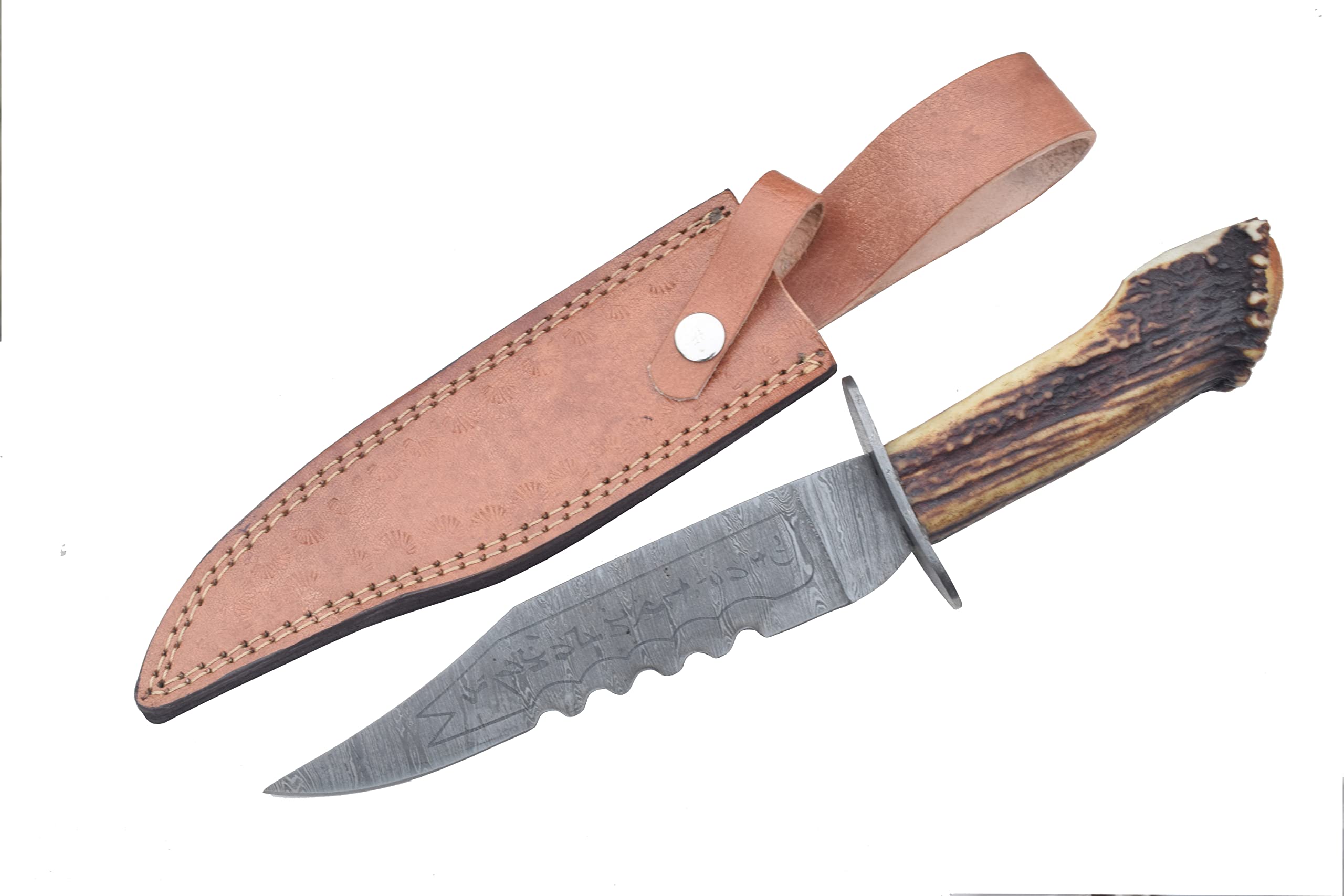 Premium Damascus Steel Demon Hunting Knife - Supernatural Stag Antler Handle with Razor Sharp Etched Blade & Leather Sheath, 31cm Brown - Perfect for Outdoor Survival, Hunting, Camping & Collectors