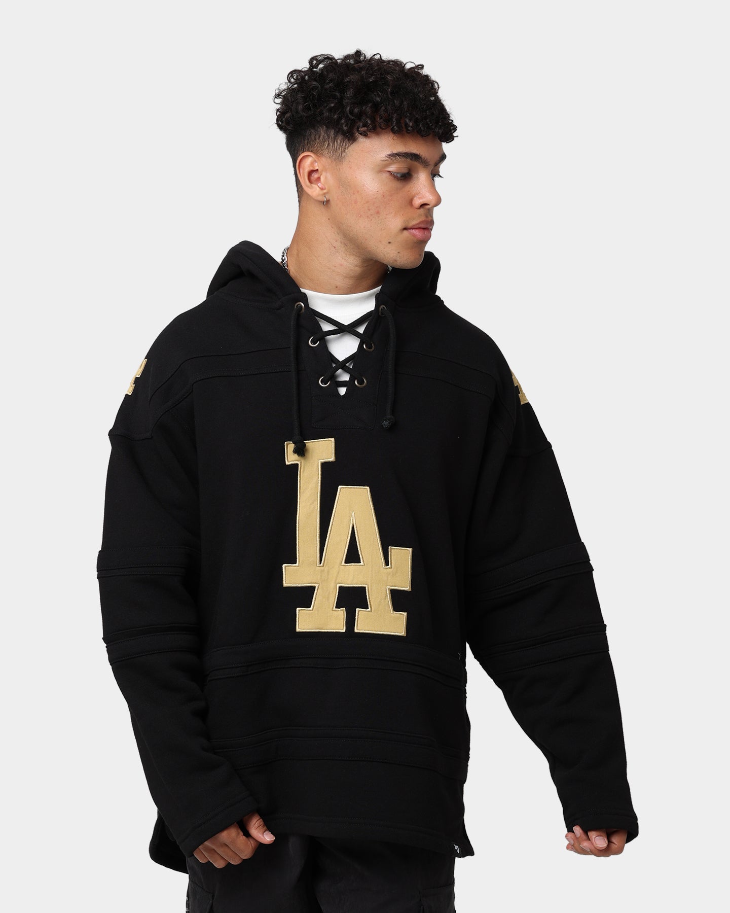 47 Brand Los Angeles Dodgers Superior Lacer Hoodie Black/Gold - Men's Baseball Team Pullover Sweatshirt for Game Day & Casual Wear