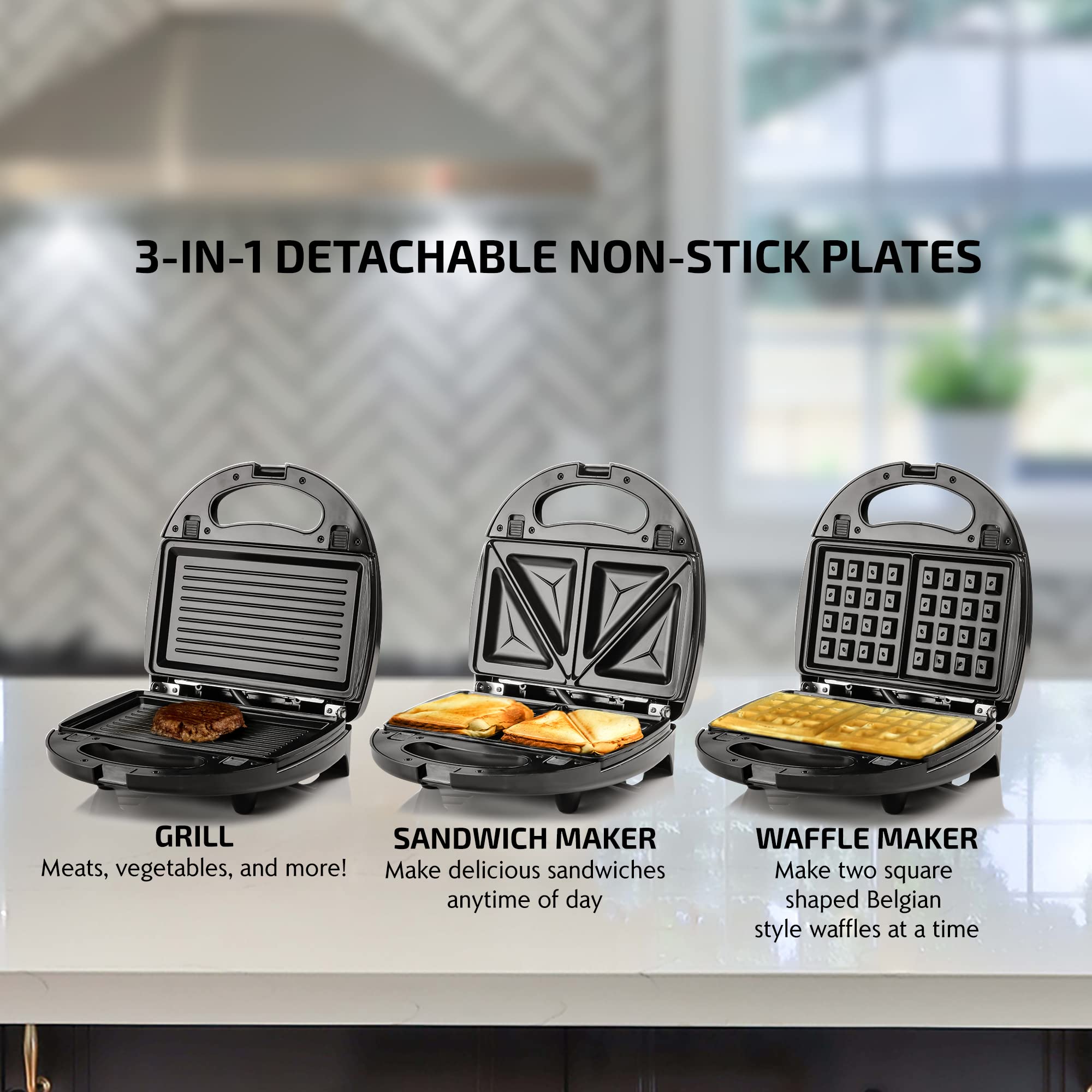 OVENTE 3-in-1 Electric Sandwich Maker & Panini Press Grill with Removable Non-Stick Plates - Waffle Iron for Grilled Cheese, Burgers, Steaks - Perfect for Breakfast, Lunch & Snacks (Black, Model GPI302B)