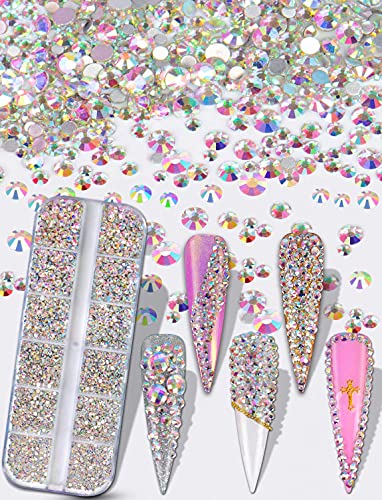 3600pcs Crystal AB Nail Rhinestones - Round Flatback Gems for Nail Art, DIY Nail Decoration Kit (6 Sizes) - Perfect for Manicures, Pedicures & Nail Art Designs