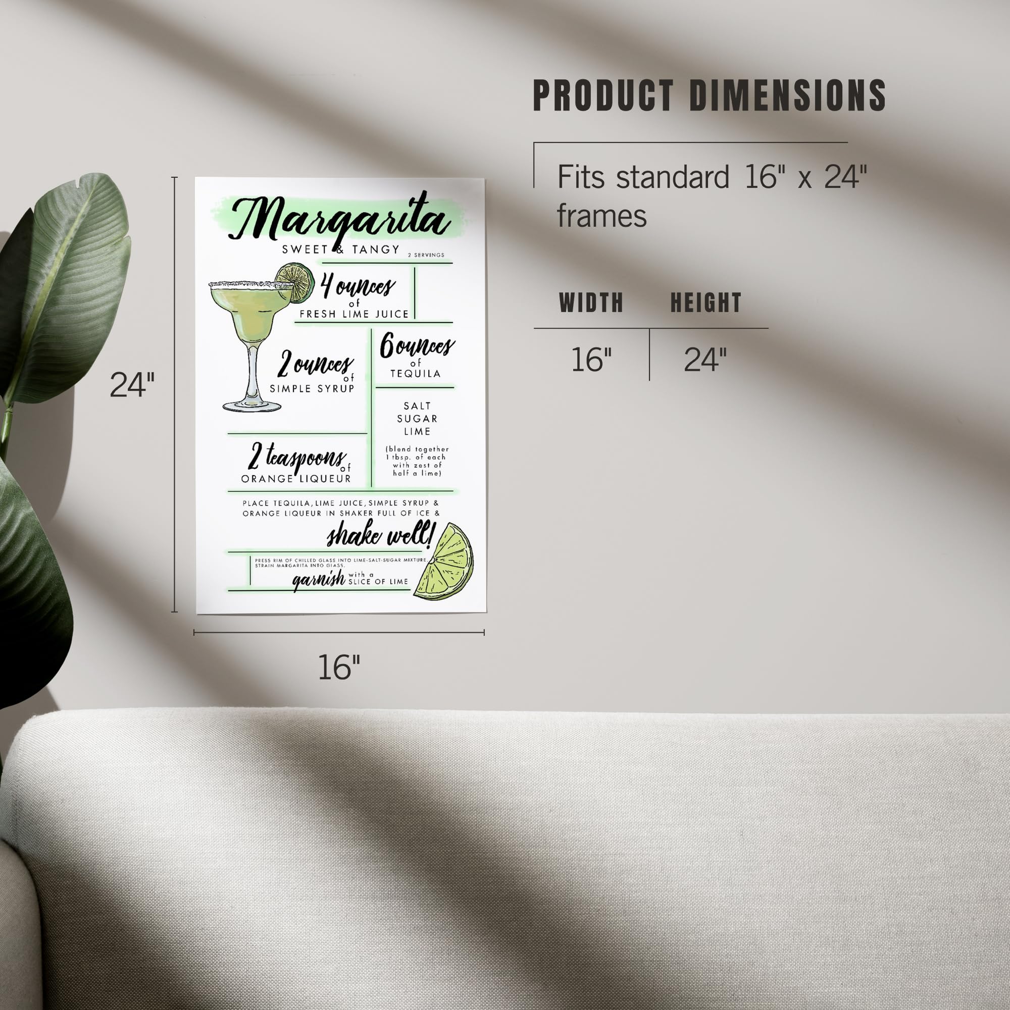 Lantern Press 16x24 Inch Premium Giclee Art Print - Margarita Cocktail Recipe Wall Decor for Home Bar, Kitchen & Dining Room