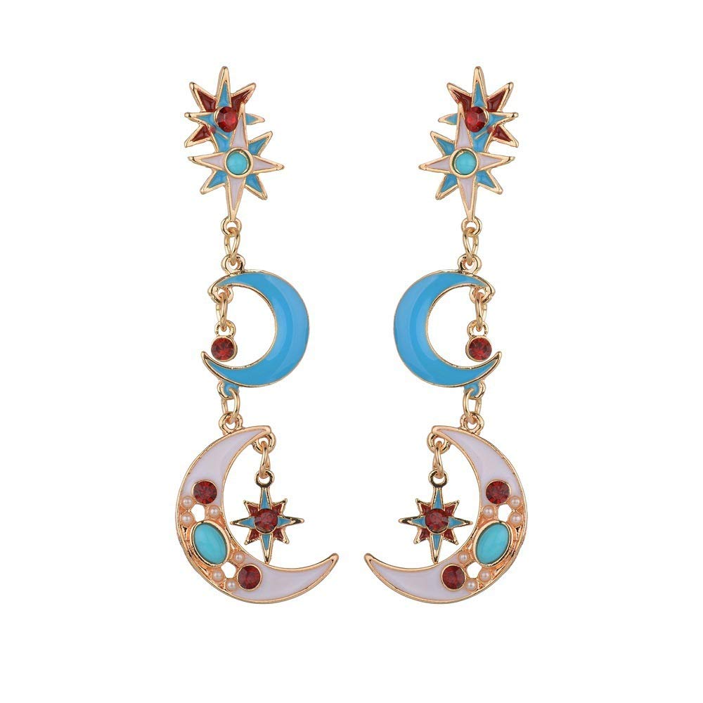 Luxury Sun Moon Stars Drop Earrings for Women - Rhinestone Punk Boho Vintage Jewelry - Golden Statement Earrings for Party, Wedding & Festival Fashion