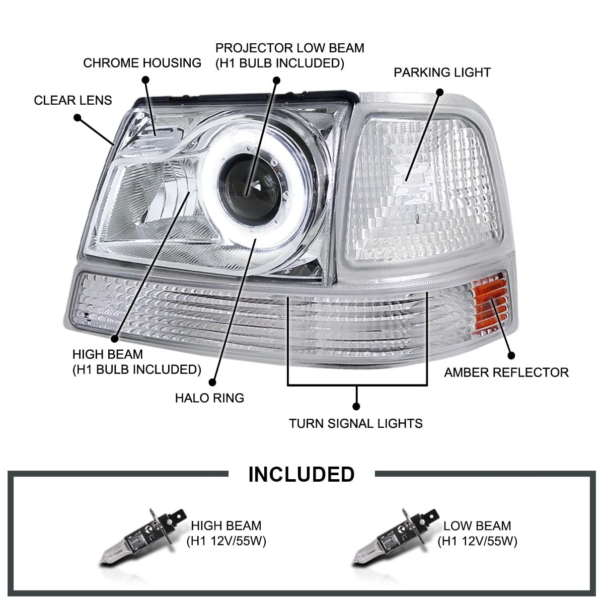 Spec-D Tuning Chrome Halo Ring LED Projector Headlights with Corner Lights - Compatible with 1998-2000 Ford Ranger - Left & Right Headlamp Assembly - Upgrade for Night Driving & Off-Road Adventures
