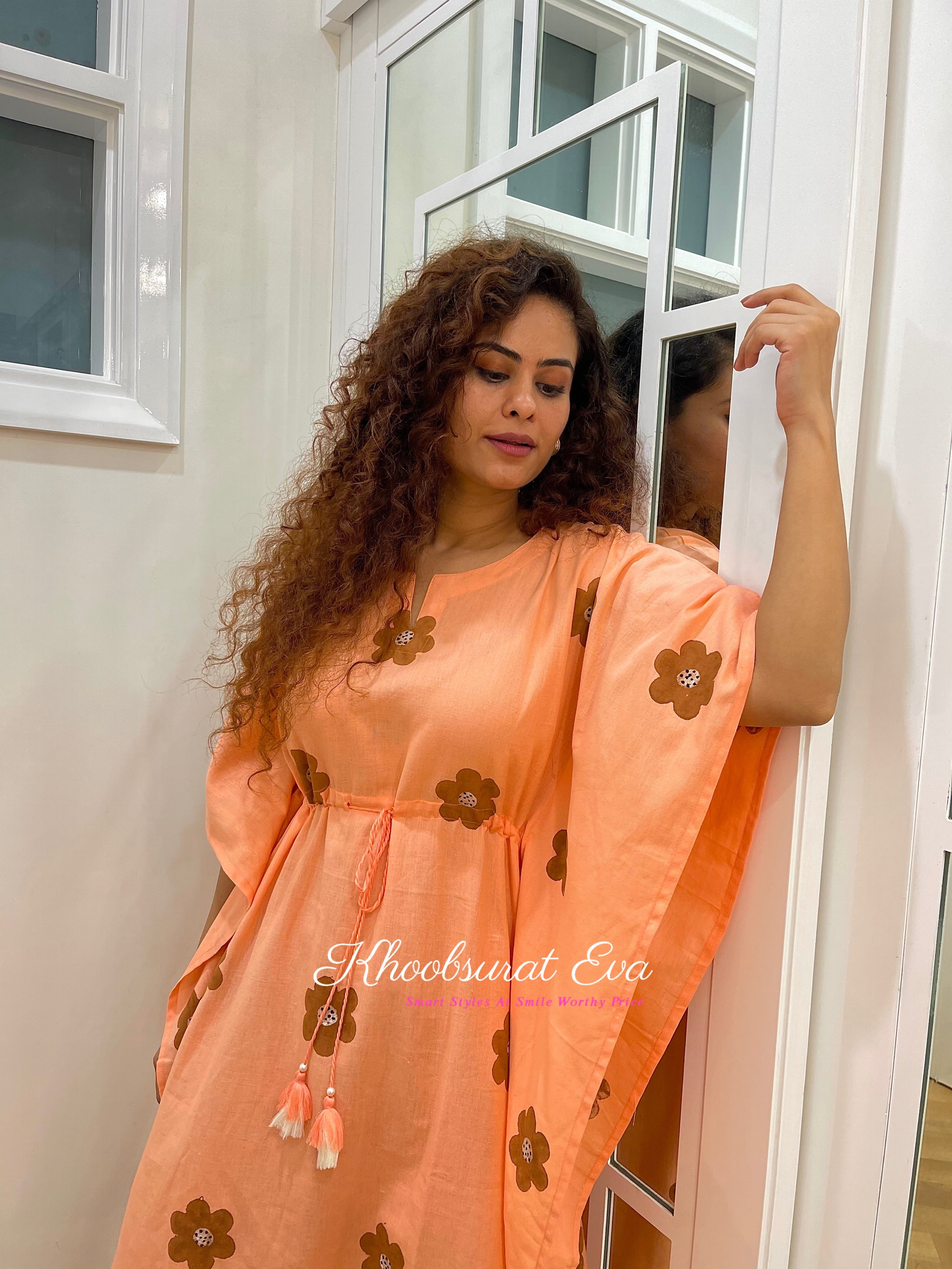 Hand Painted Peach Cotton Kaftan Dress - Boho Chic Beach Cover Up for Women - Perfect for Summer Vacations, Pool Parties & Resort Wear
