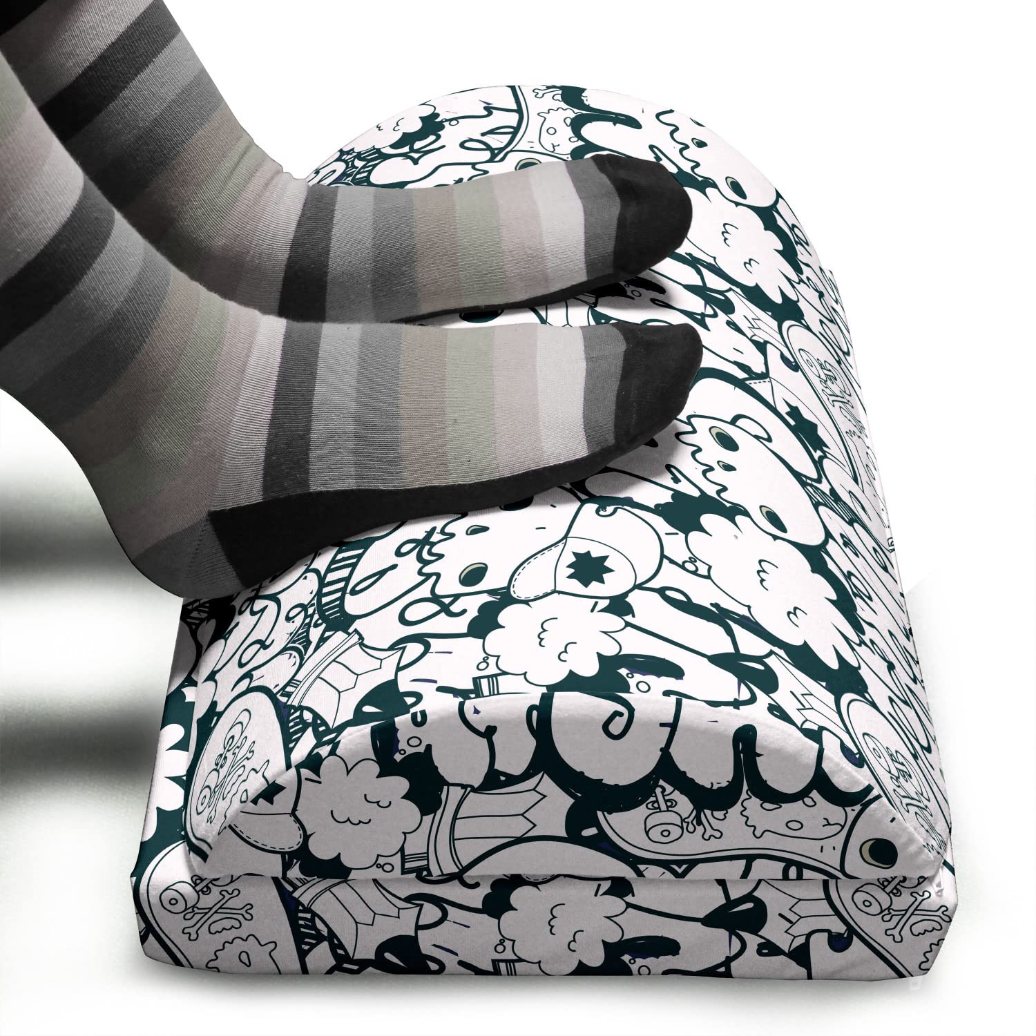 Ambesonne Adjustable Ergonomic Memory Foam Foot Rest - Skull & Skateboard Graffiti Design, Non-Slip Office Leg Support (Charcoal Grey/White) - Perfect for Home Office, Gaming & Workstation Comfort