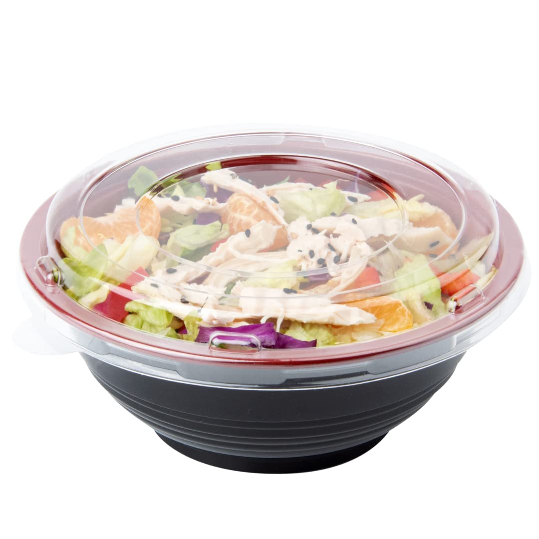 Restaurantware 18oz Disposable Food Containers - 200 Pack Salad Bowls with Lids, Microwave Safe Black & Red Plastic To-Go Bowls | Perfect for Asian Cuisine, Picnics, Takeout, Catering & Meal Prep