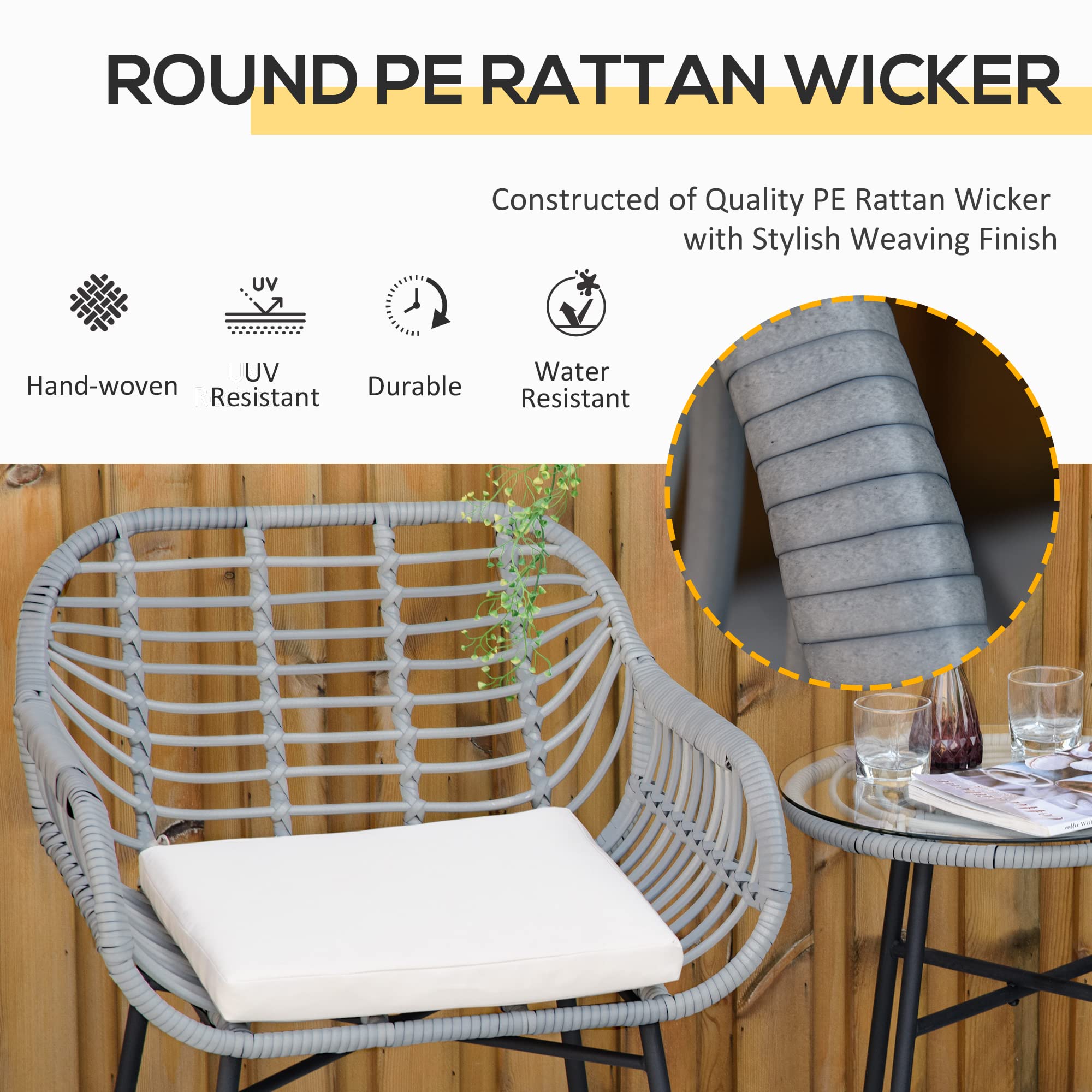 Outsunny 3-Piece Patio Set - PE Rattan Wicker Bistro Table & Chairs with Cushions & Tempered Glass Top | Modern Hand-Woven Outdoor Furniture for Garden, Porch, Poolside & Backyard | Cream White Patio Dining Set for Relaxing & Entertaining