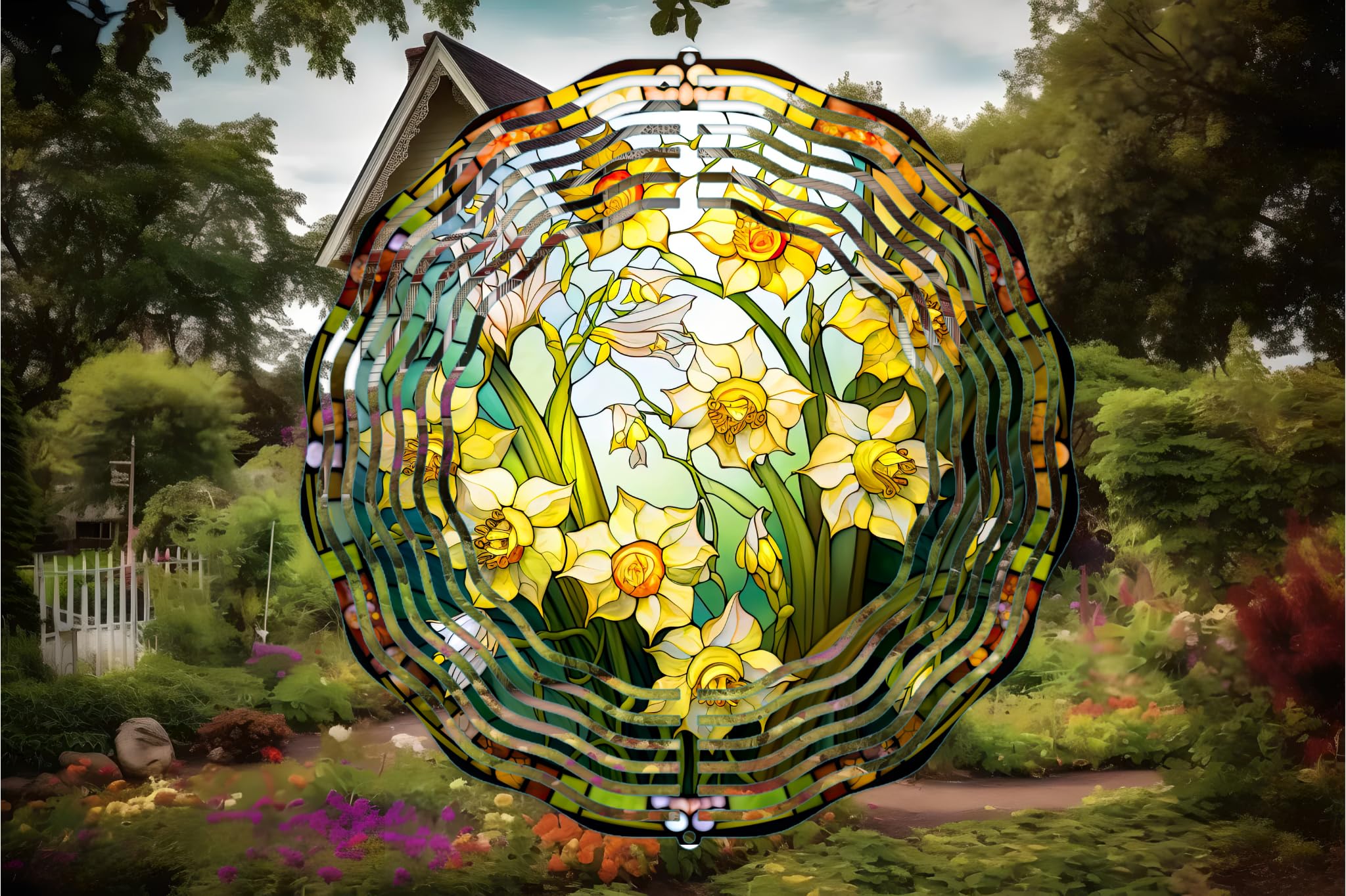 10 Inch Stained Glass Daffodil Metal Wind Spinner - Outdoor Kinetic Garden Decor for Spring & Summer - Perfect for Patio, Yard, and Garden Decoration