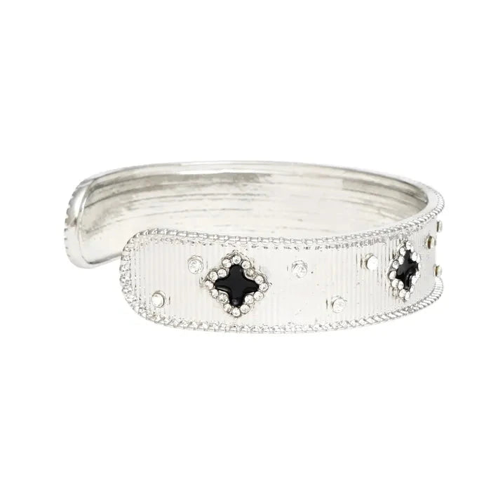 Elegant Silver & Black Quatrefoil Rhinestone Cuff Bangle Bracelet for Women | Fashion Jewelry Accessory for Parties, Weddings & Evening Events