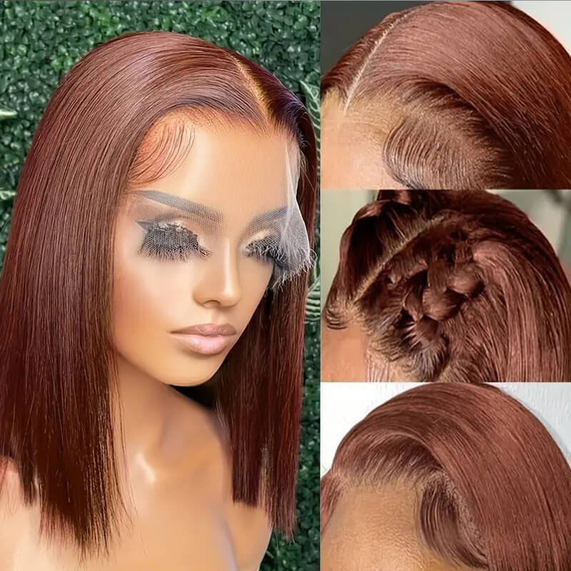 Eullair Short Bob Wigs 13x4 Lace Front Human Hair Wig - Pre-Colored Burgundy Highlight Straight Hairpiece for Women | Perfect for Daily Wear, Cosplay & Special Occasions