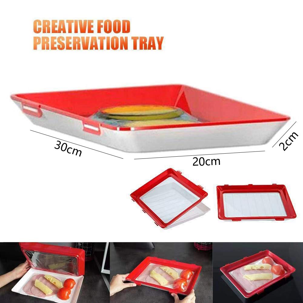 Vacuum Sealed Food Storage Containers with Magic Elastic Film Buckle - 2 Pack Plastic Preservation Trays for Fresh Fruits, Vegetables & Meal Prep | Airtight Kitchen Organizer for Refrigerator & Freezer | BPA-Free Food Savers