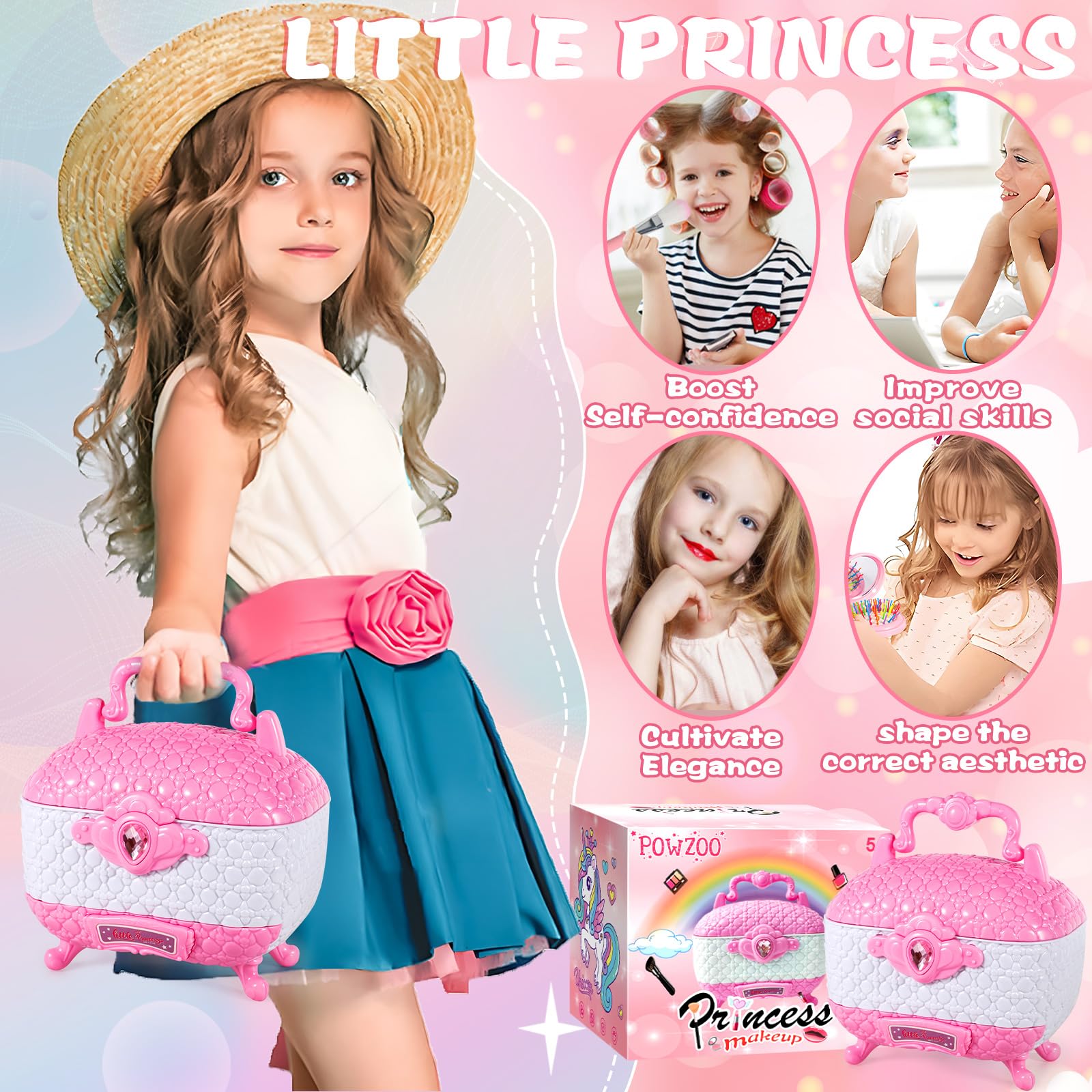 POWZOO 64-Piece Kids Makeup Kit - Non-Toxic, Washable Princess Toy Gift for Girls 5-12 - Birthday & Christmas Present