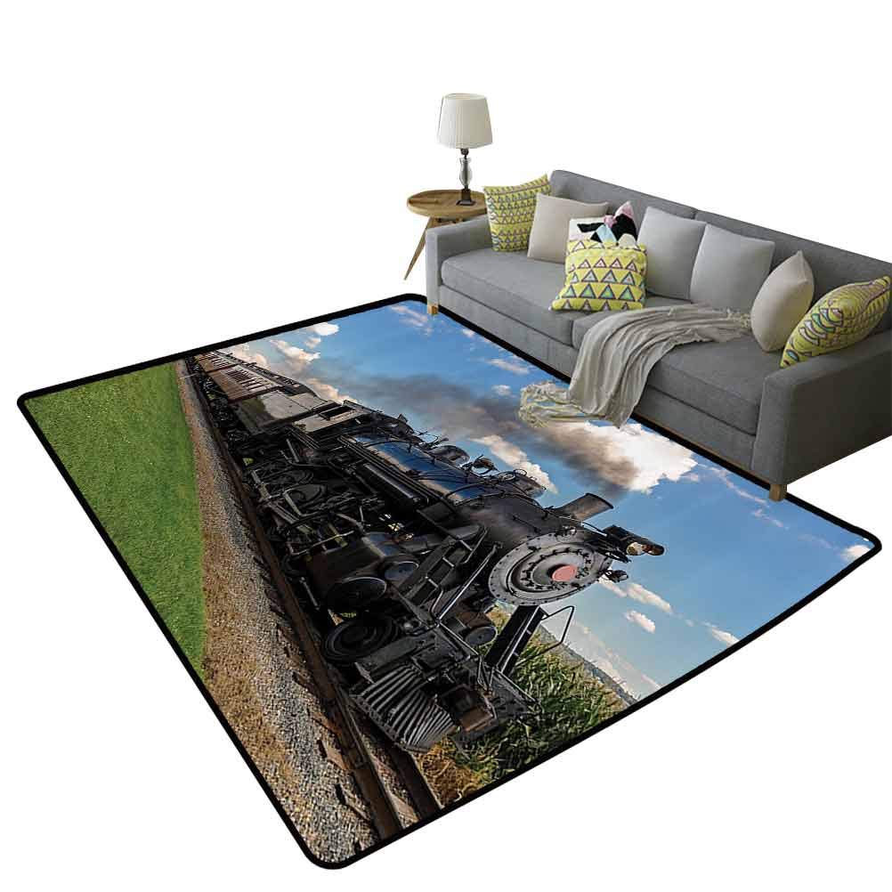 Vintage Steam Engine Area Rug - Black Locomotive Countryside Landscape with Green Grass - 5'x8' (150x240cm) Train Themed Rug - Perfect Gift for Men & Home Decor - Ideal for Living Room, Bedroom or Office