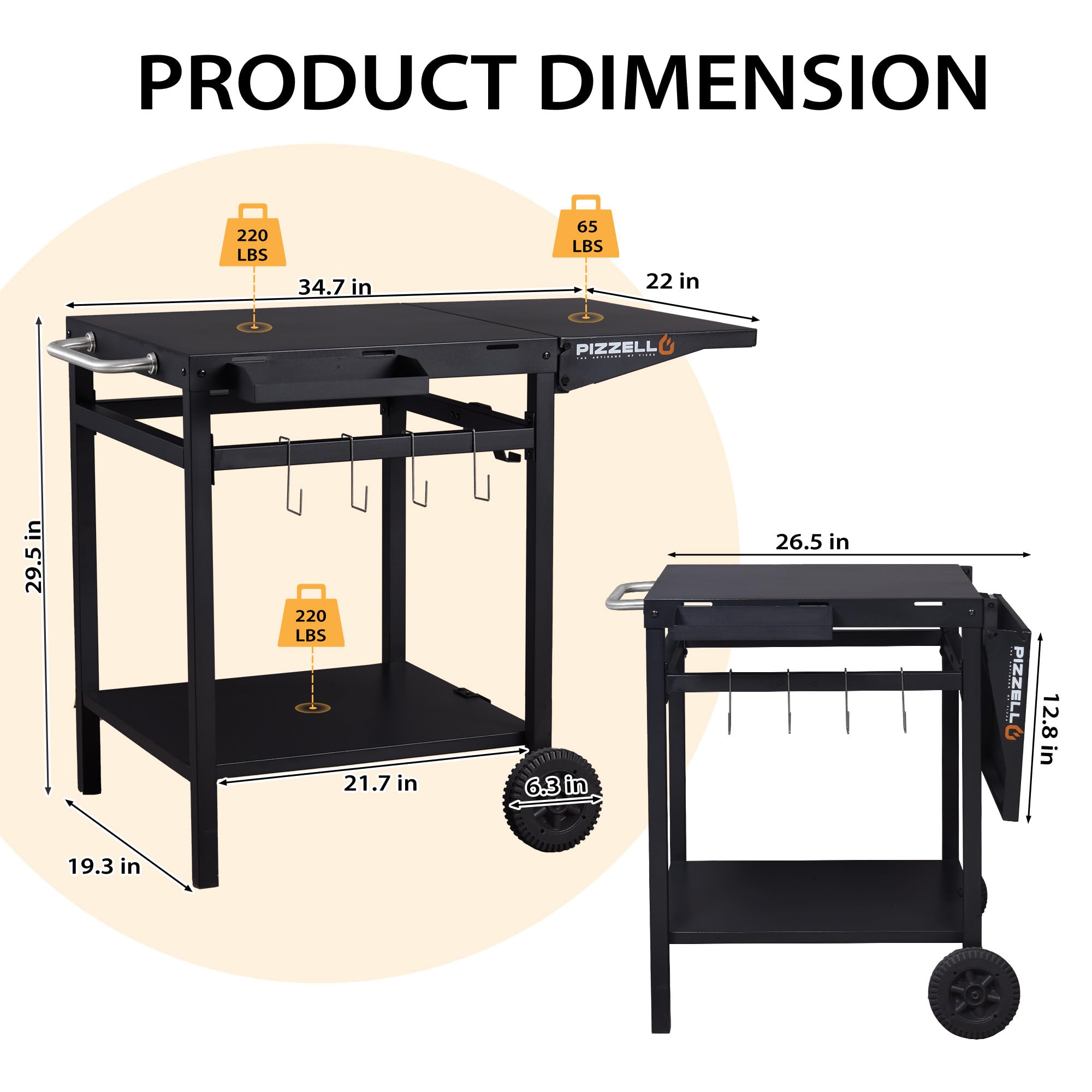 Premium Outdoor Grill Cart with Double Shelves - Foldable & Portable BBQ Table, Movable Food Prep Station, Pizza Oven Stand Trolley with 2 Wheels & Hooks - Perfect for Backyard BBQ, Camping, and Outdoor Kitchen Setup