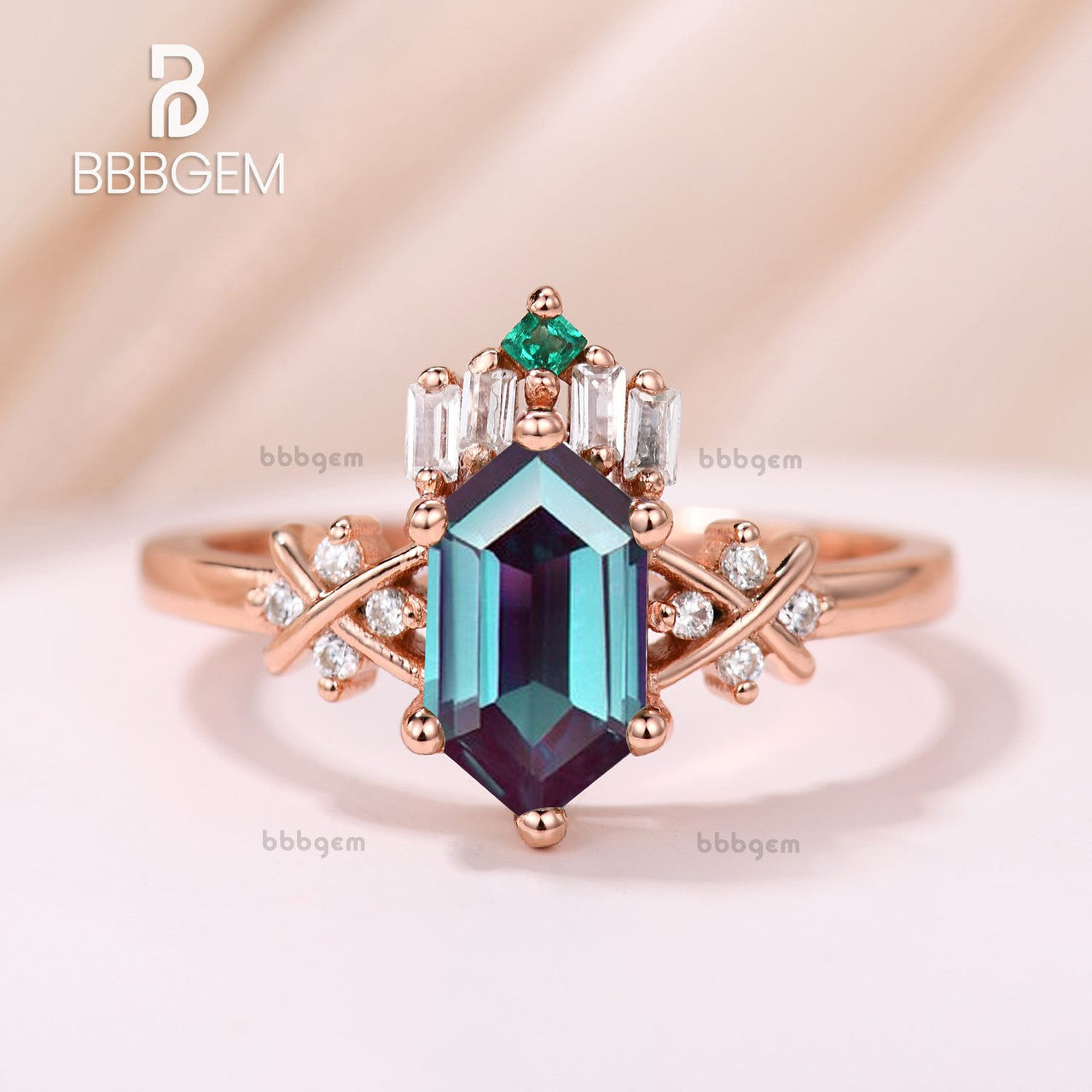 14K Rose Gold Long Hexagon Cut Lab Created Alexandrite Wedding Band Set with Elongated Alexandrite & Diamond Accents - Perfect for Engagement Rings, Anniversary Gifts & Bridal Jewelry
