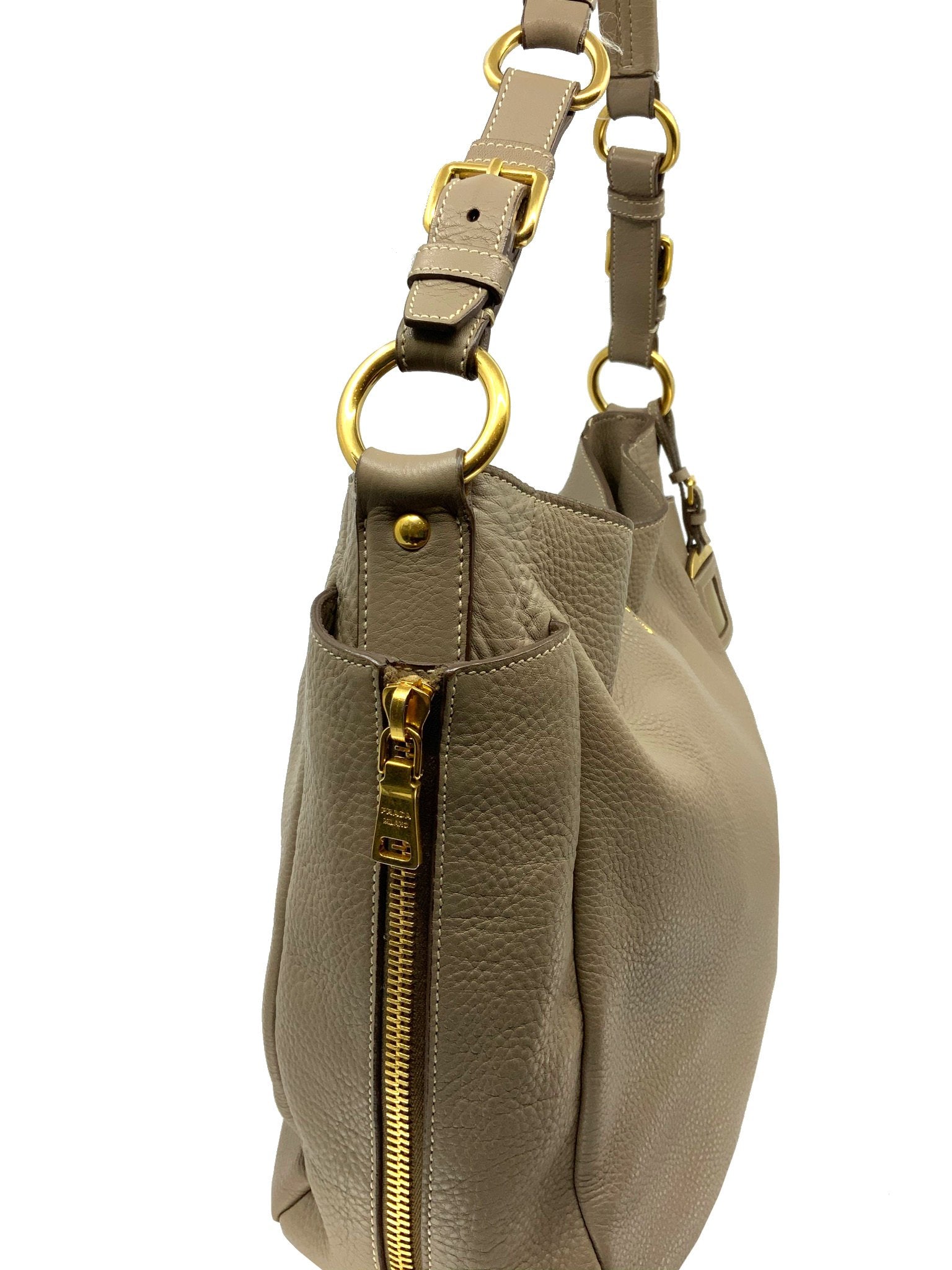Prada Side Pocket Zip Vitello Daino Hobo Handbag - Luxury Leather Shoulder Bag for Women | Perfect for Work, Travel & Everyday Use