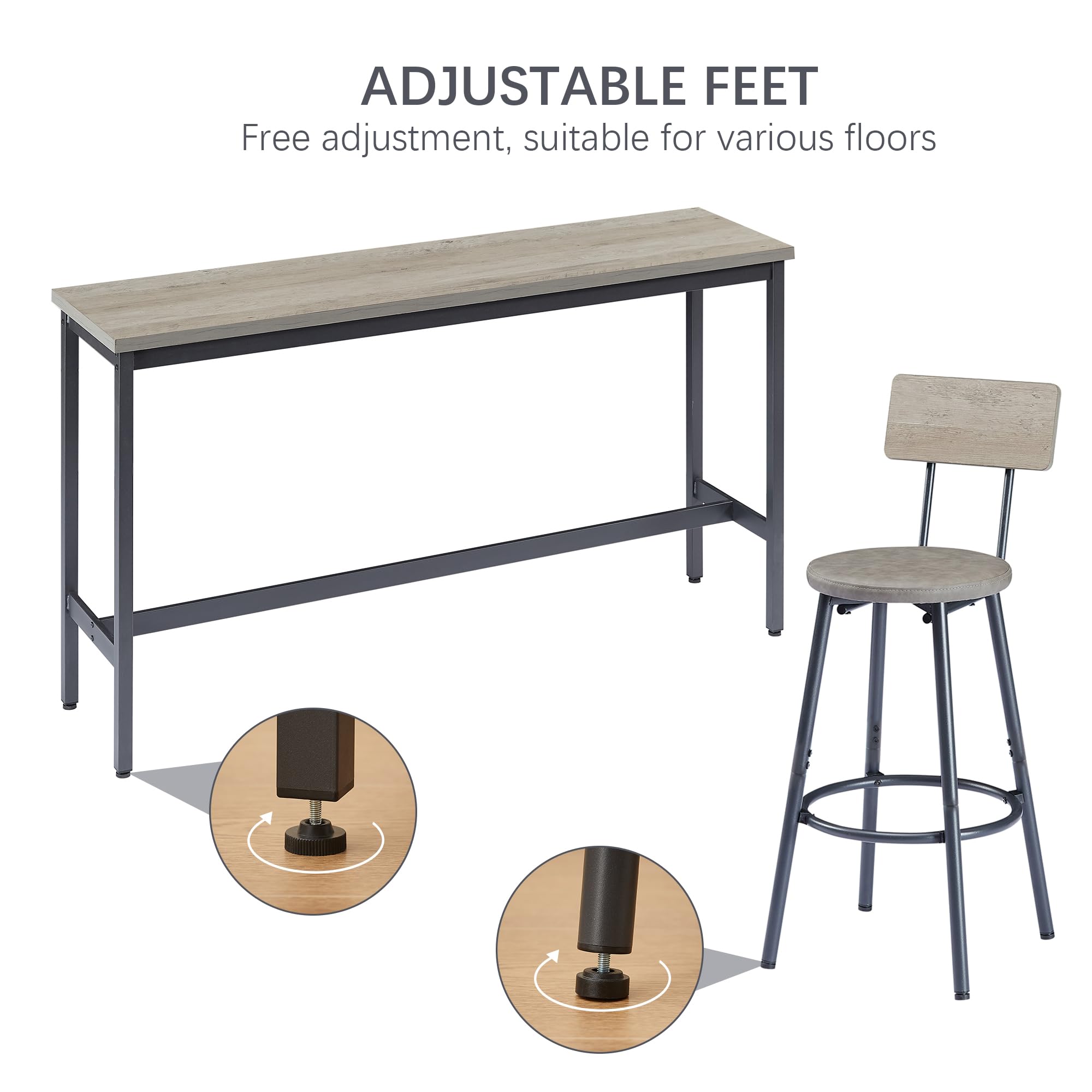 GNIXUU 4-Piece Industrial Bar Table Set with Sofa Table & 3 Upholstered Backrest Stools - Counter Height Dining Set for Small Spaces, Breakfast Nook, Living Room, Kitchen Island or Patio (Grey)