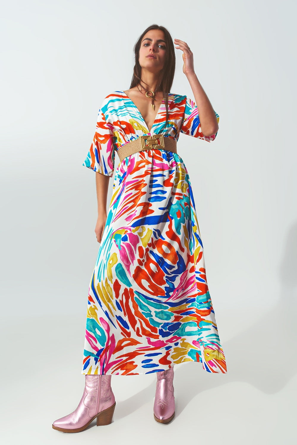 Elegant Long V-Neck Multicolor Print Robe - Perfect for Spa, Lounging & Relaxation at Home