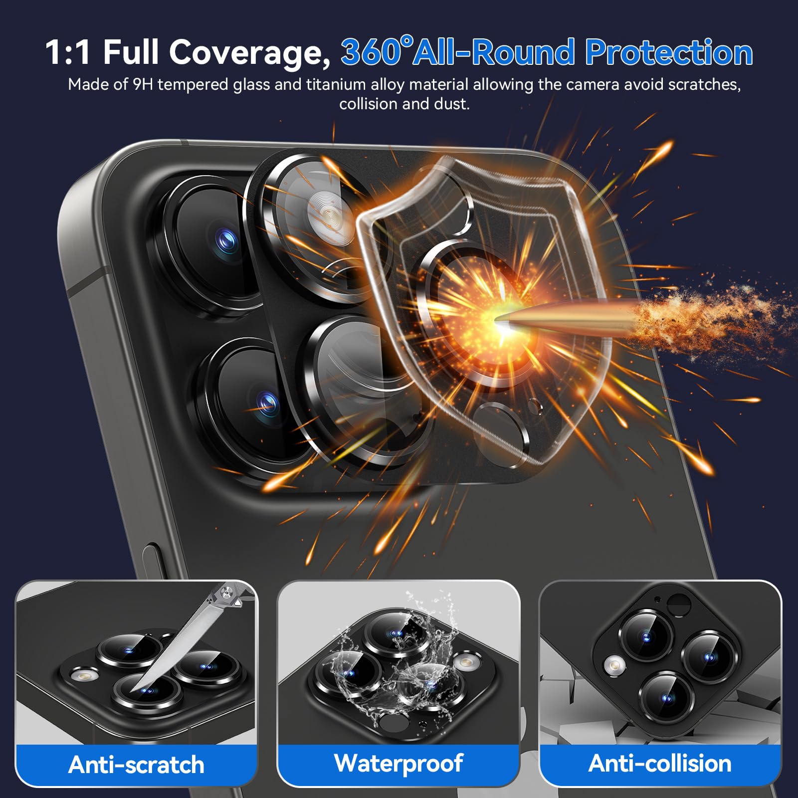 Premium 9H Tempered Glass Camera Lens Protector for iPhone 15 Pro & 15 Pro Max - Scratch Resistant, Metal Ring Compatible, Easy Installation (Black Titanium) - Perfect for Outdoor Photography & Travel Protection