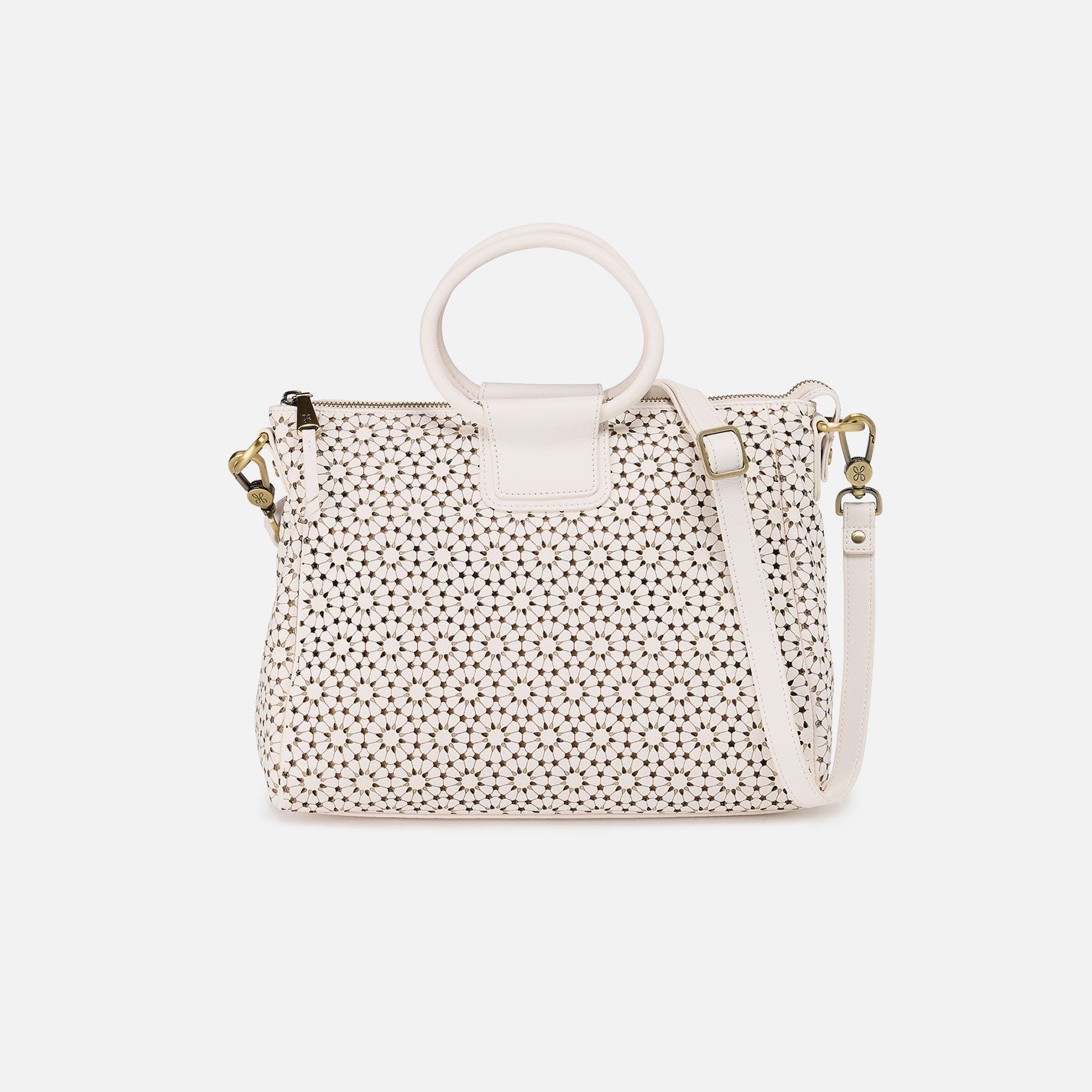 Sheila Medium Satchel Handbag - Perforated Leather Ecru Daisy Print - Perfect for Work, Travel & Everyday Use