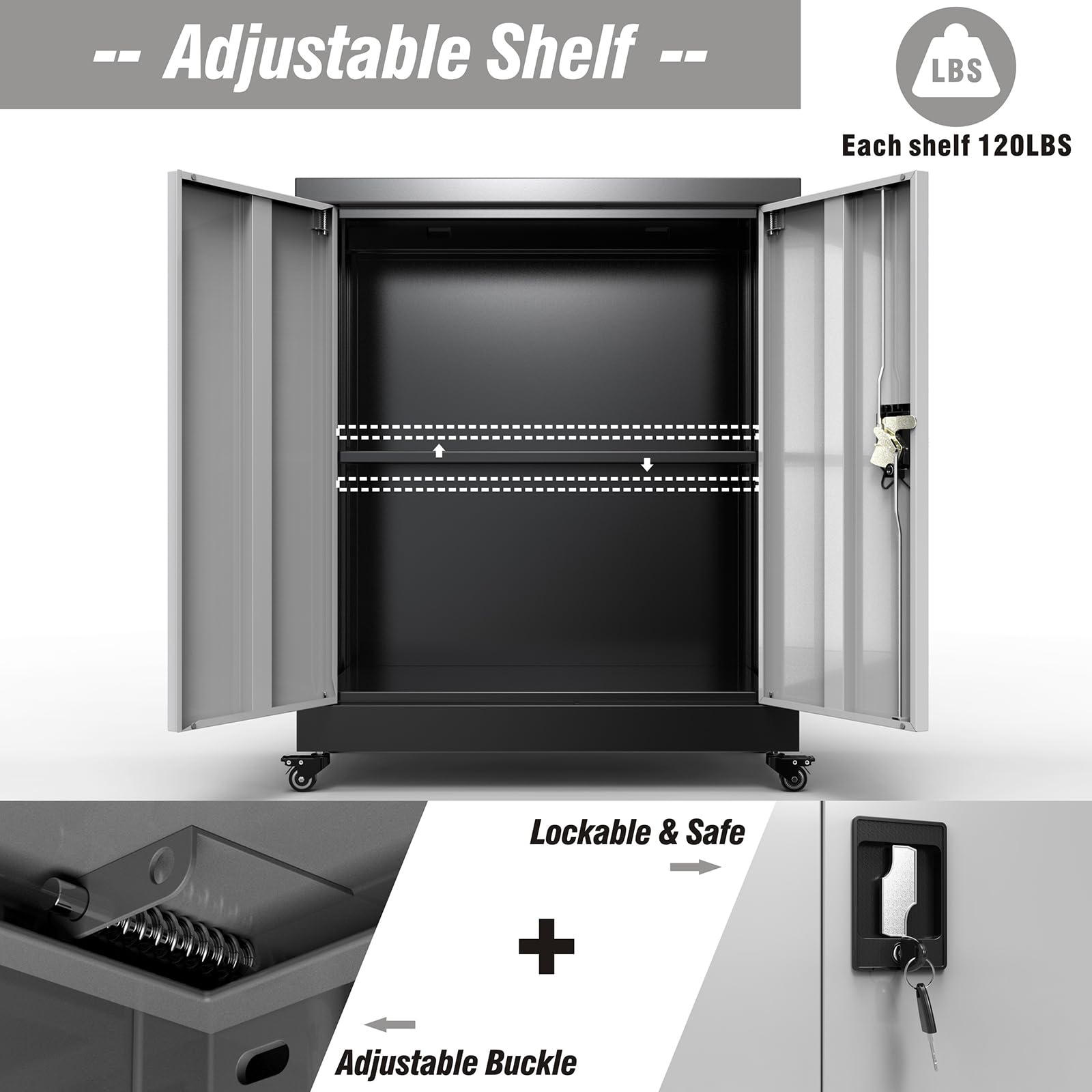 Metal Storage Cabinet with Wheels & Lockable Doors - Adjustable Shelf Steel Garage Cabinet for Office, Home, Classroom - Heavy Duty Black & Grey Storage Organizer for Tools, Supplies & Equipment