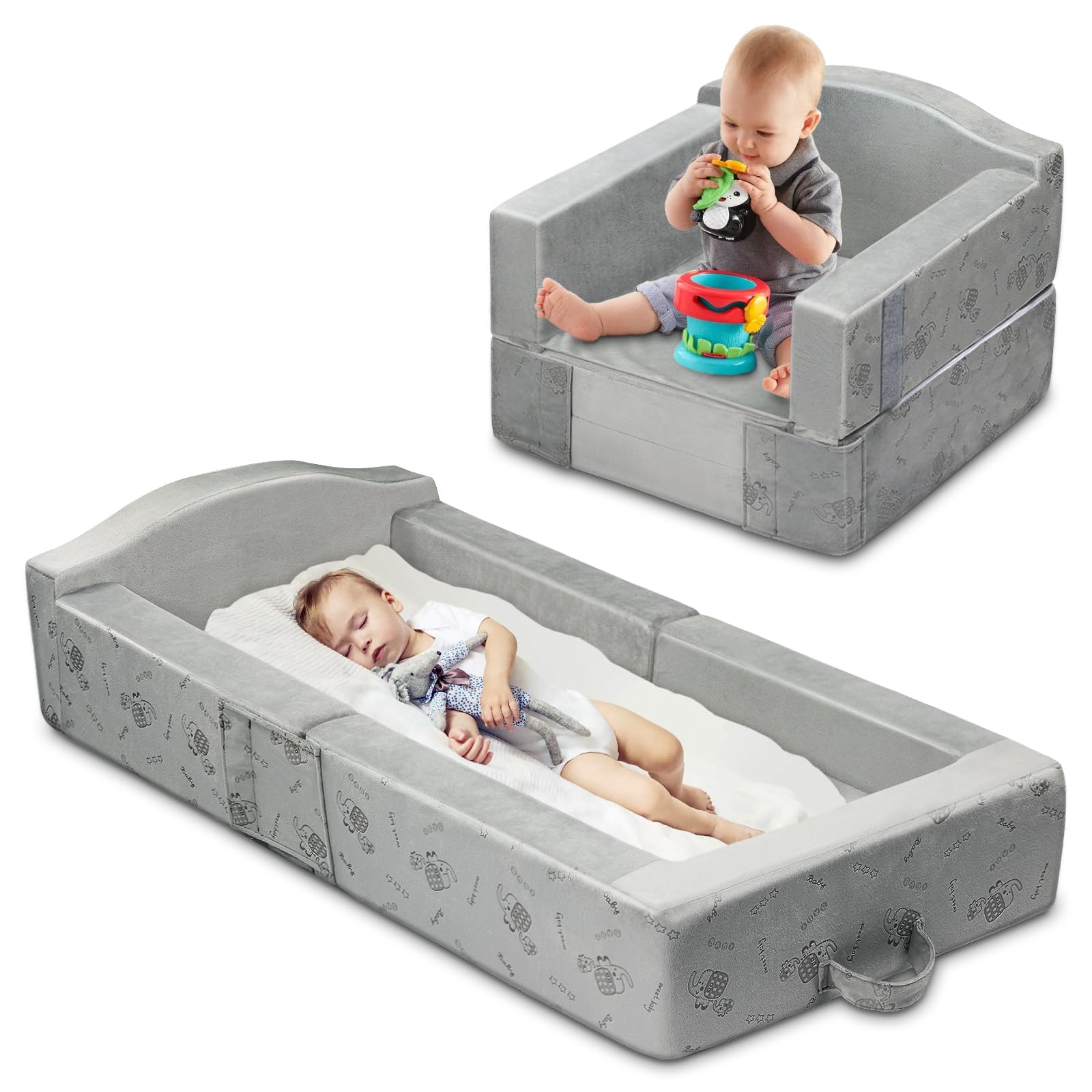 2 in 1 Foldable Toddler Travel Bed with Mattress - Portable Floor Bed for Kids (45