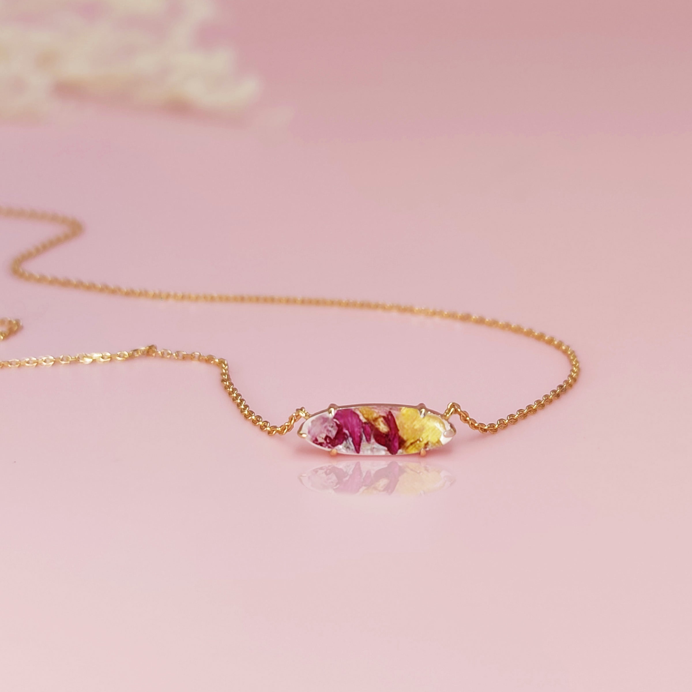 Solid Gold Marquise Necklace with Dried Wedding or Funeral Flowers - Elegant Memorial Jewelry for Special Occasions & Keepsake Gifting