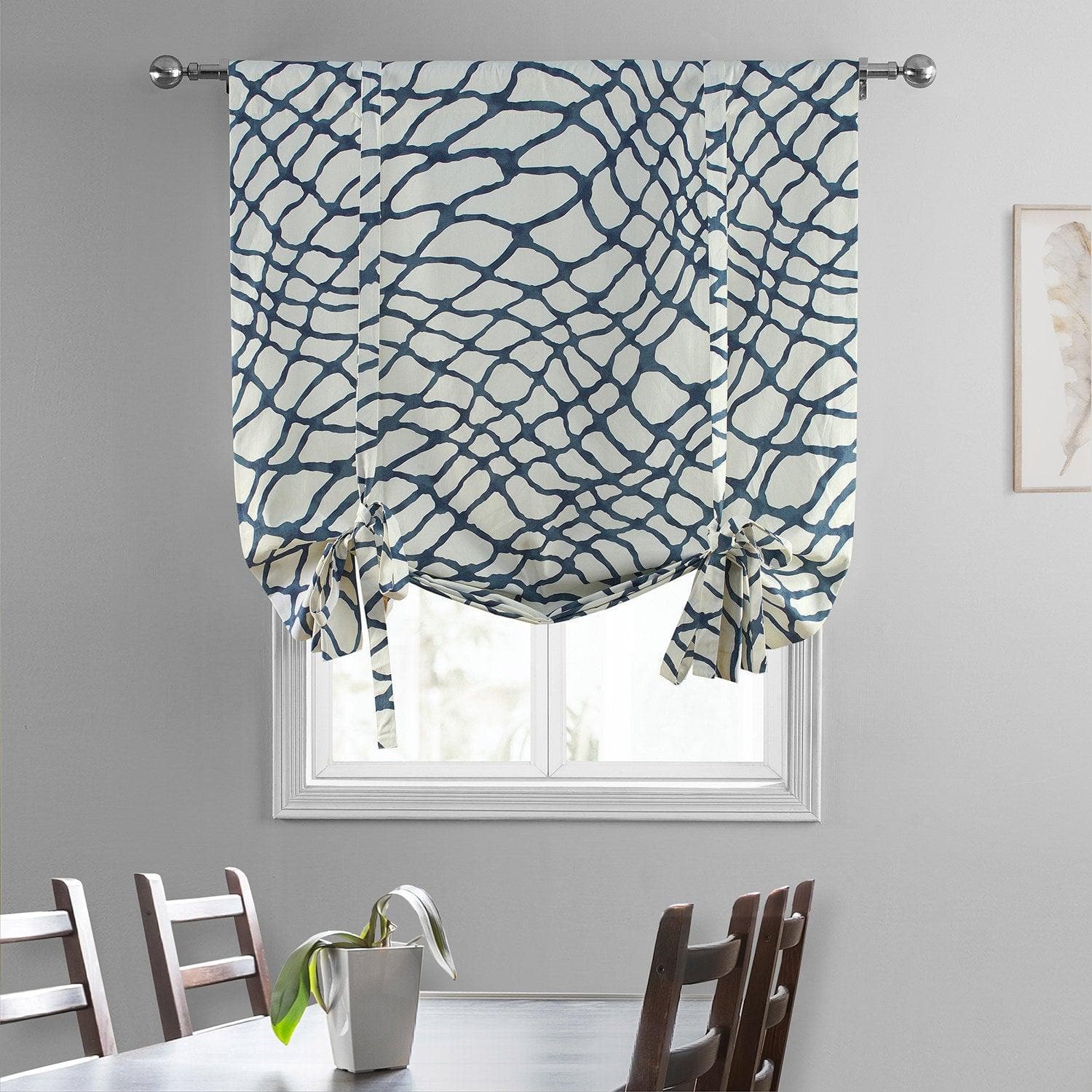 Ellis Blue Abstract Printed Cotton Blackout Tie Up Window Shade - Stylish Room Darkening Window Treatment for Bedroom, Living Room & Nursery