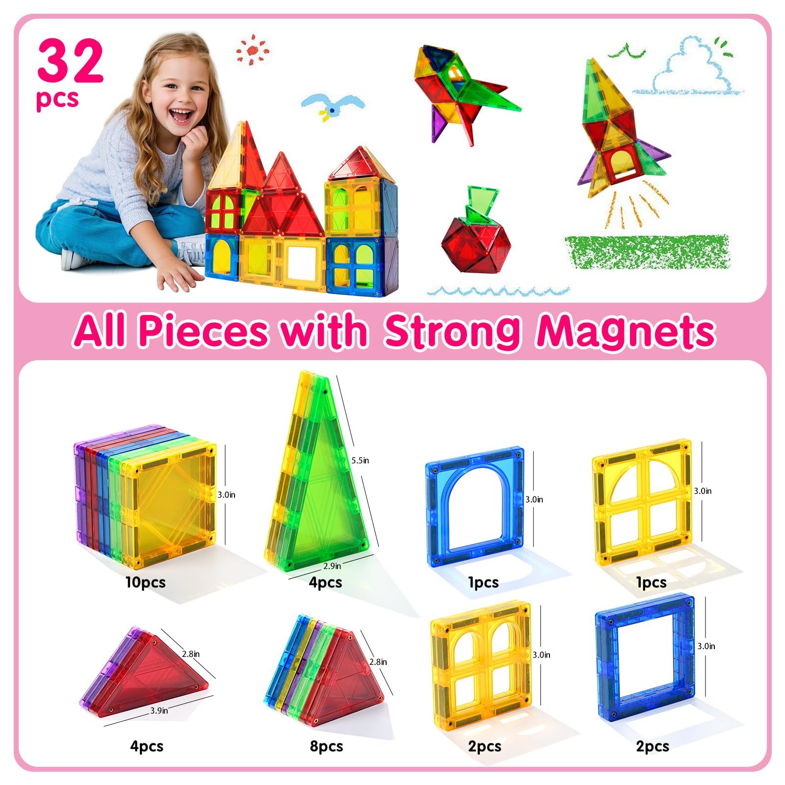 STEM Magnetic Tiles Toys for Kids - 32PCS Educational Building Blocks for Preschool Learning & Sensory Play