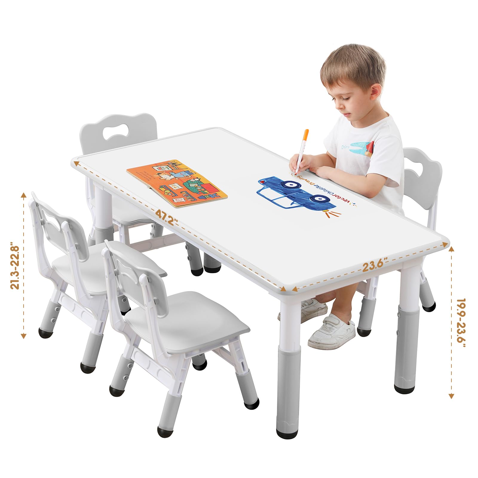 Kids Table and Chair Set - Adjustable Height Snow Grey Plastic Desk with Whiteboard Top & 12 Color Pens (47.2